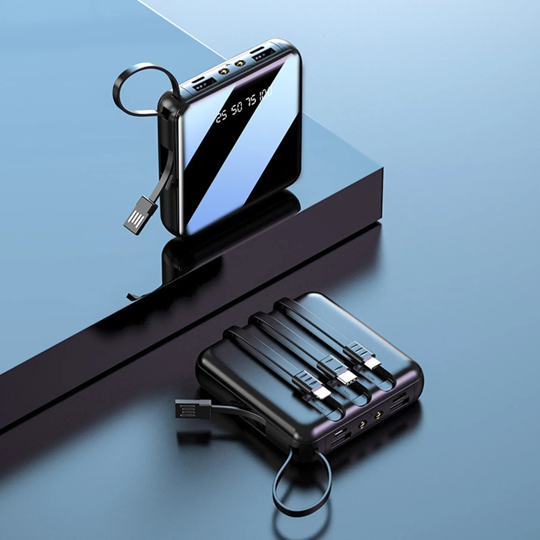 10000 mAh Square Mirror Power Bank with Built-in Cable 10