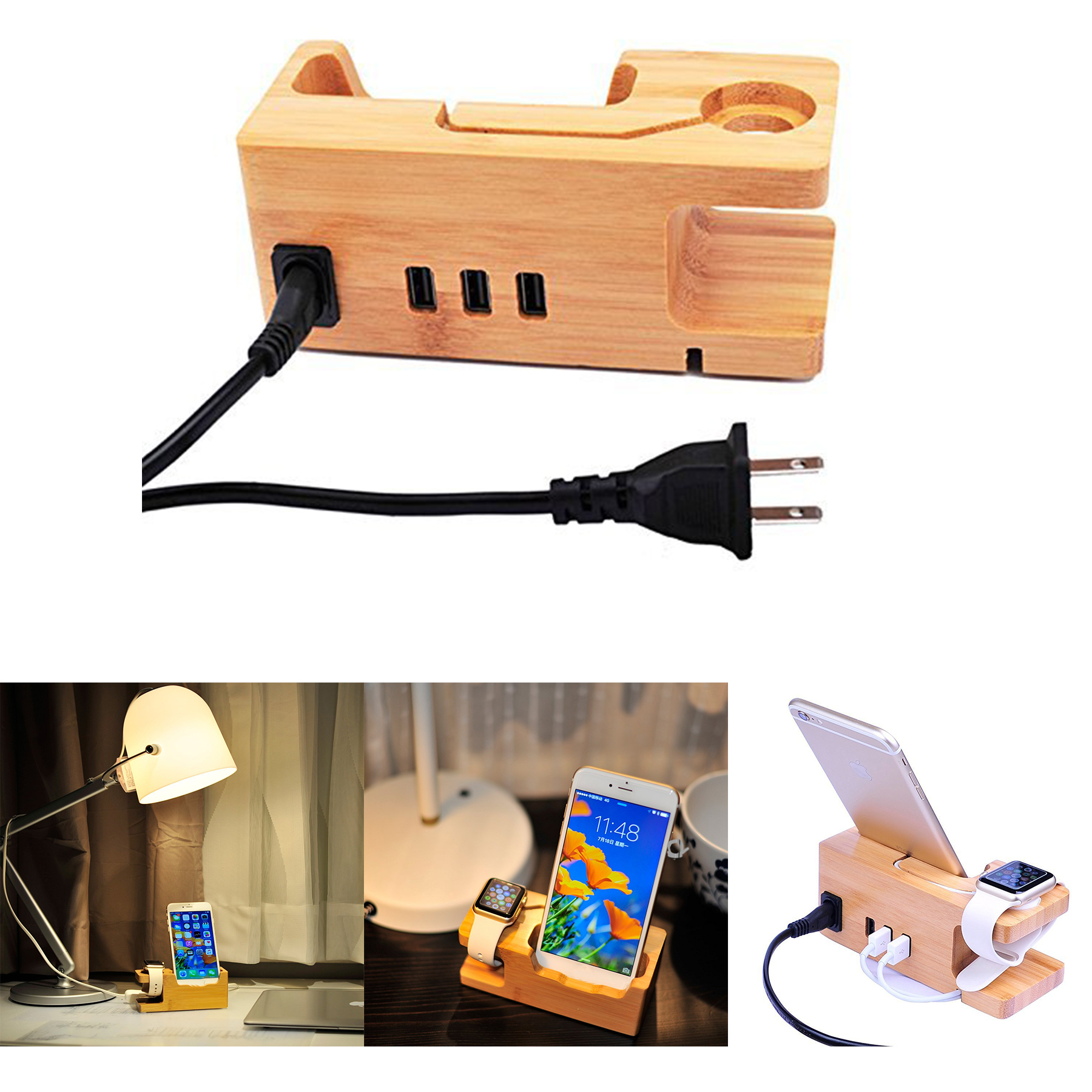 Bamboo Wood Desktop 3 USB HUB Charging Dock Station 1