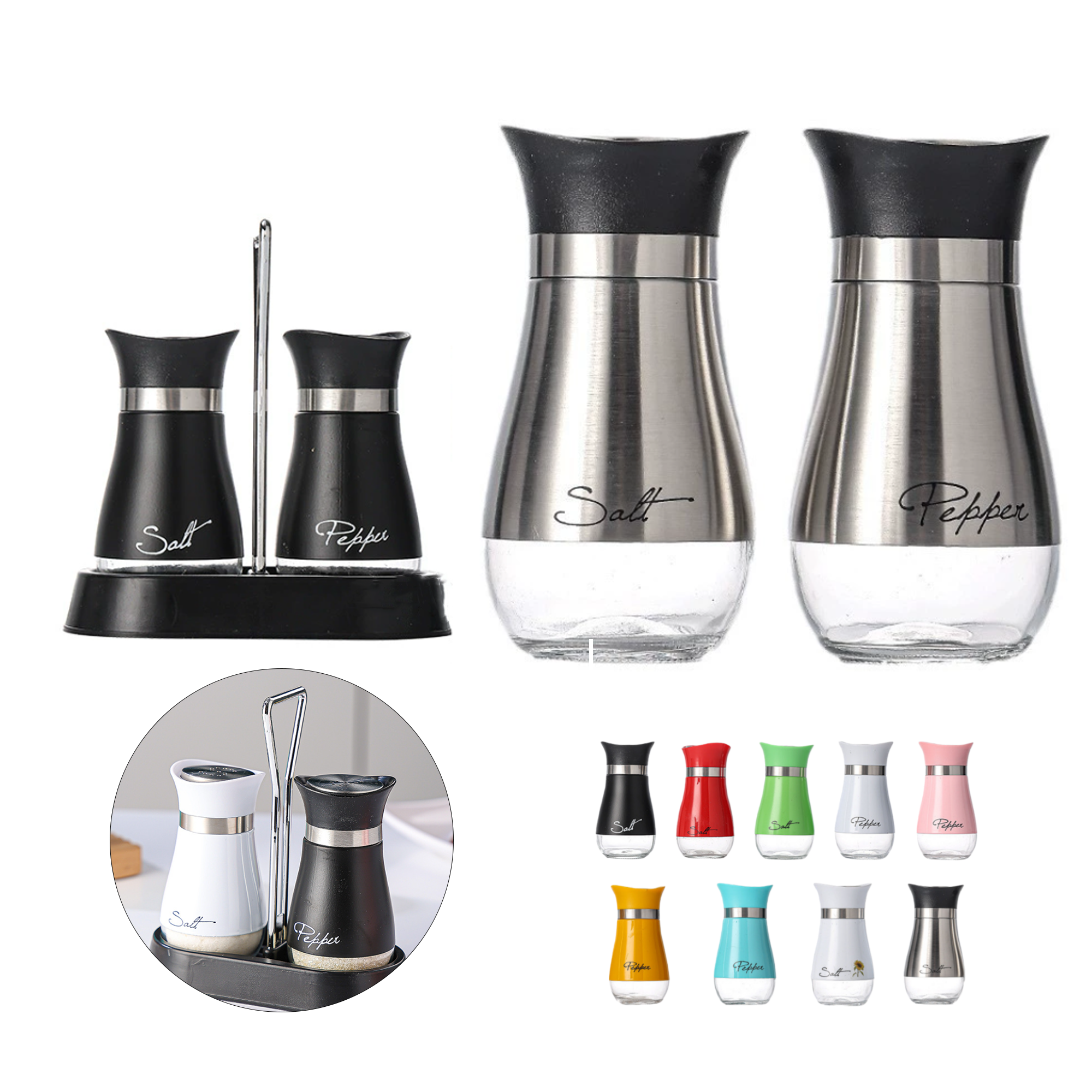 Stainless Steel Glass Spice Jar Salt And Pepper Shakers Set 2