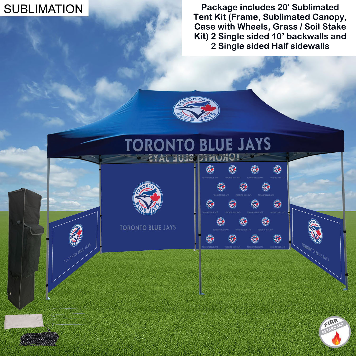 Full Tent Package 1, 20' Sublimated Tent, 2 Single sided 10' backwalls, 2 Single side half sidewalls 13