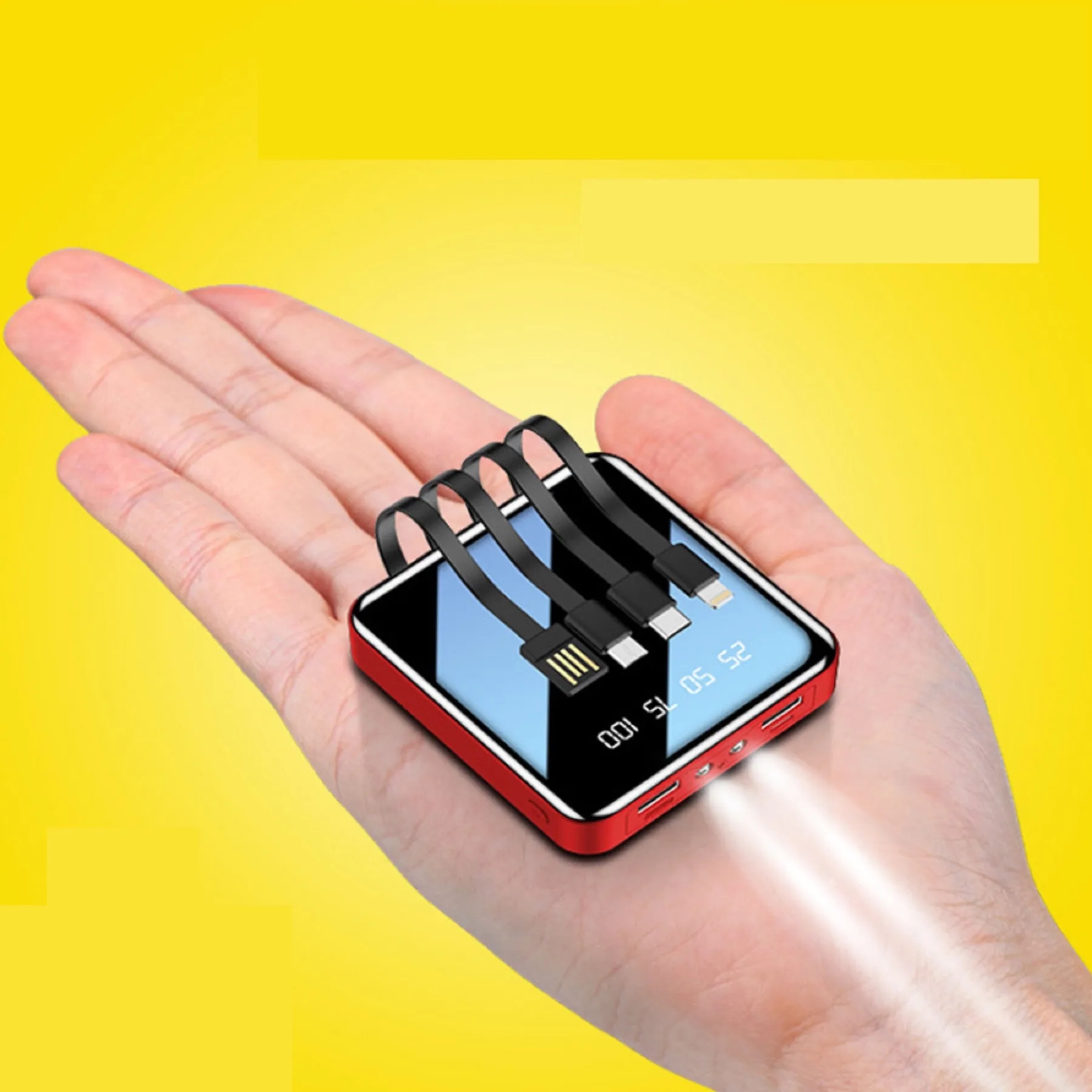 10000 mAh Square Mirror Power Bank with Built-in Cable 14