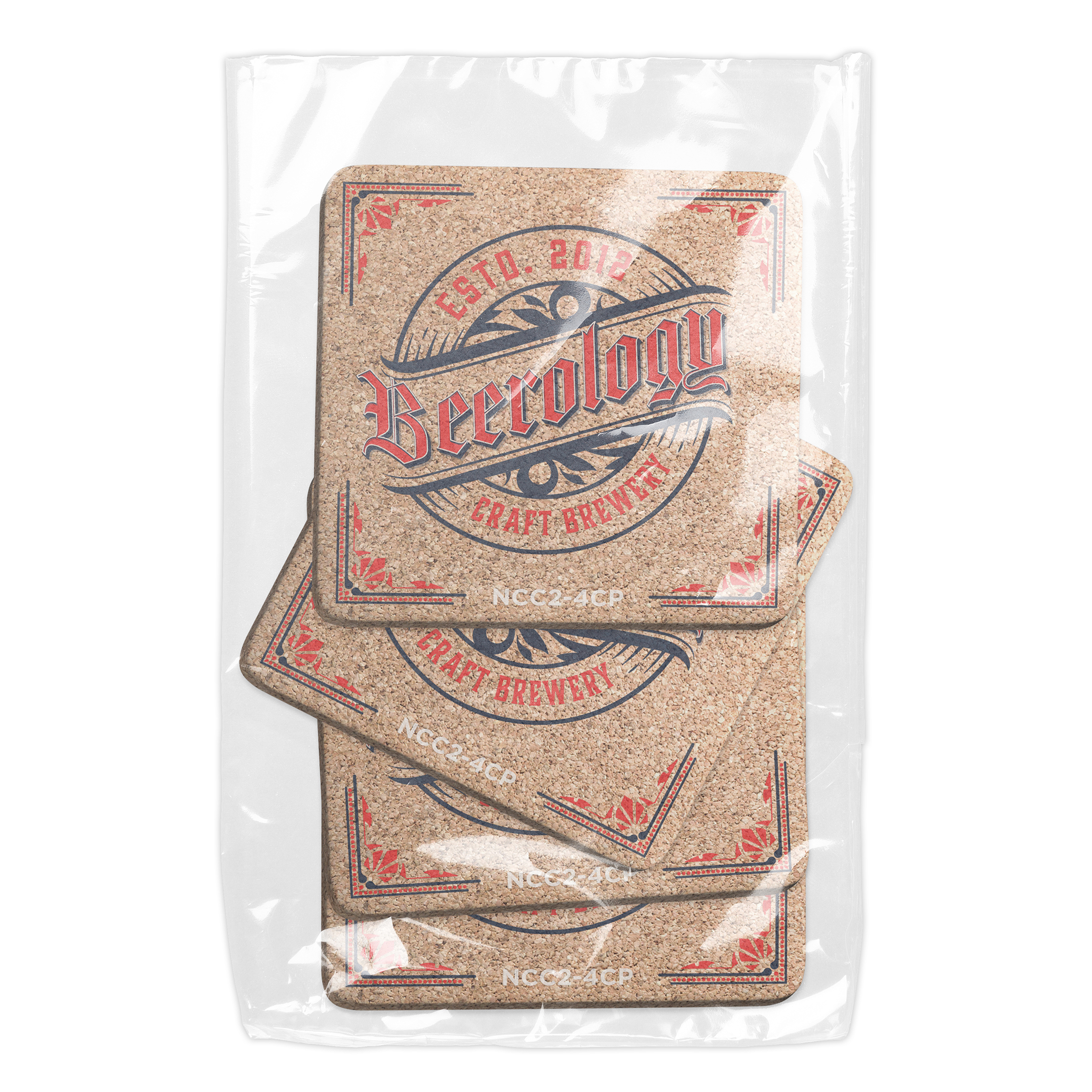 Set of 4 Natural Cork Coasters 3/16" thick, Square (3.5" x 3.5"), Full Colour Imprint Polybagged