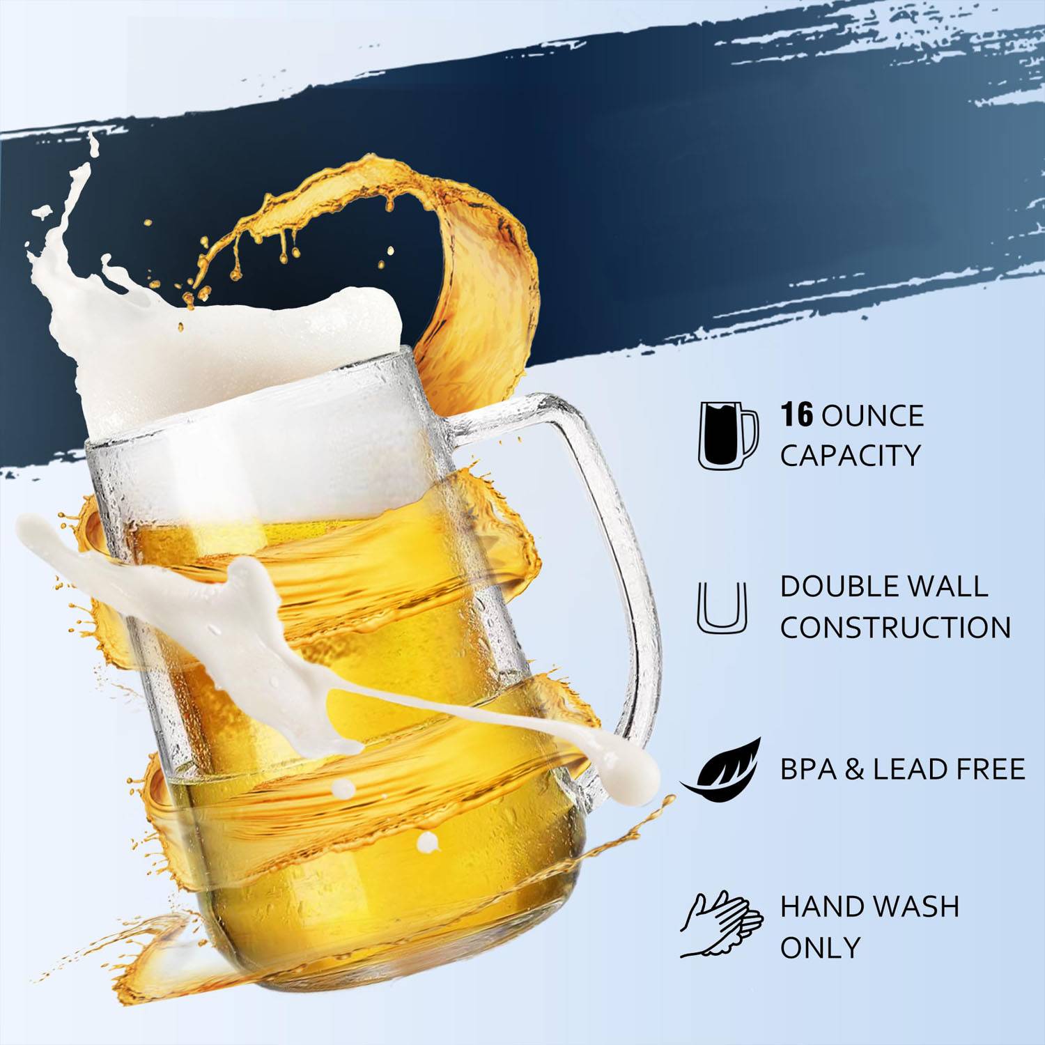 16oz Double Wall Glass Freezer Beer Mug 6