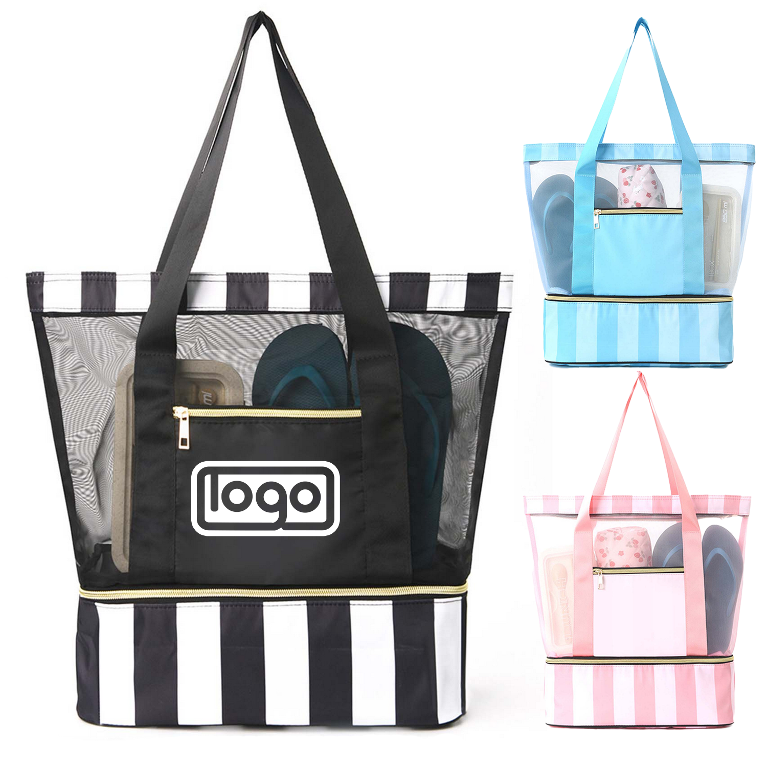 Double-Layer Polyester Beach Bag, custom tote bag with logo imprint 2
