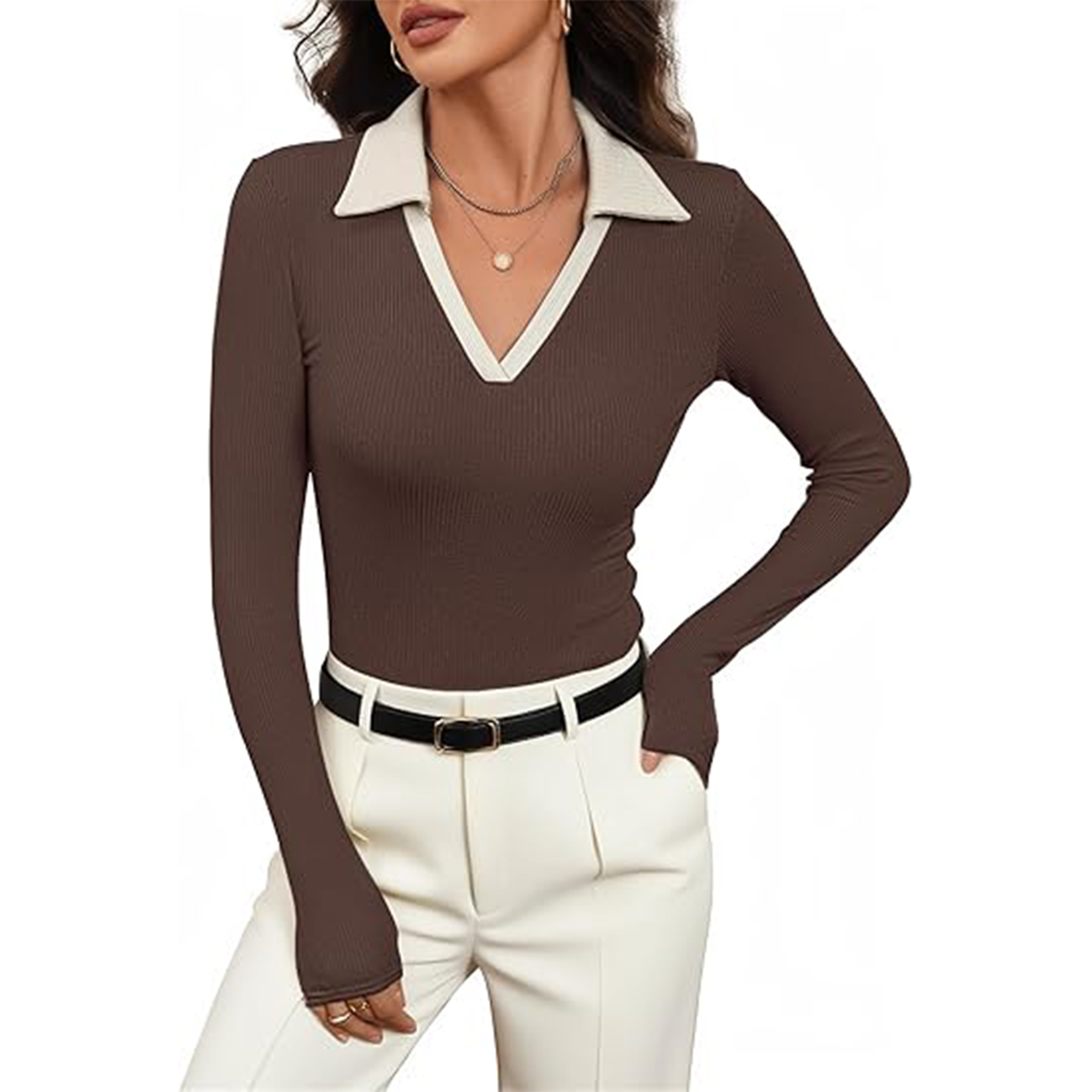 Women Long Sleeve V Neck Polo Shirt 5