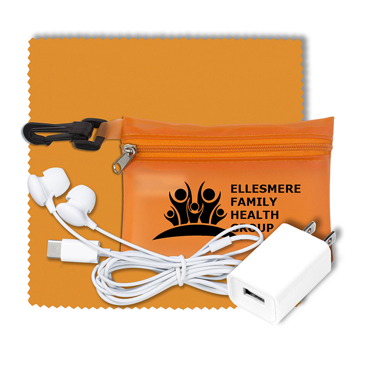 “TechClear” Mobile Tech Accessory Kit in Translucent Carabiner Zipper Pouch Components inserted into 3