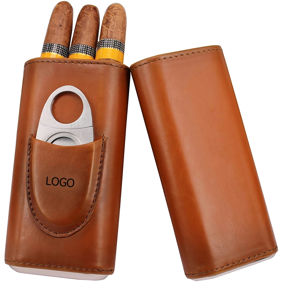 Leather Cigar Case With Silver Stainless Steel Cutter 2