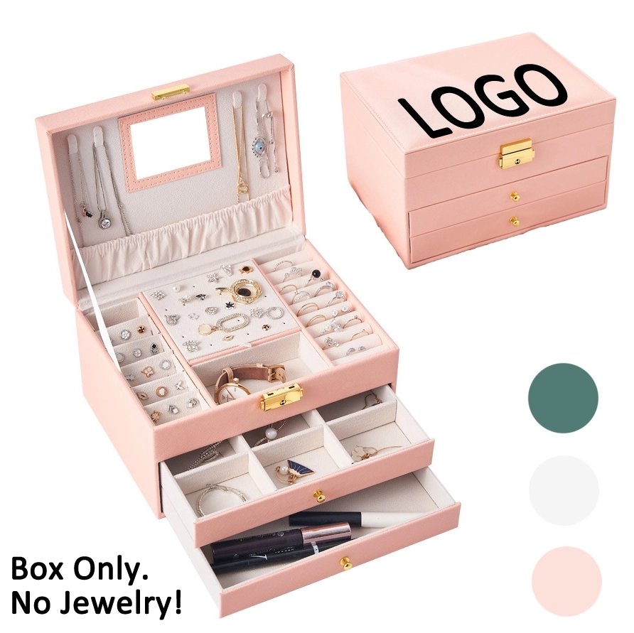 Custom 3-Layer PU Jewelry Organizer Box with Drawer & Mirror 4