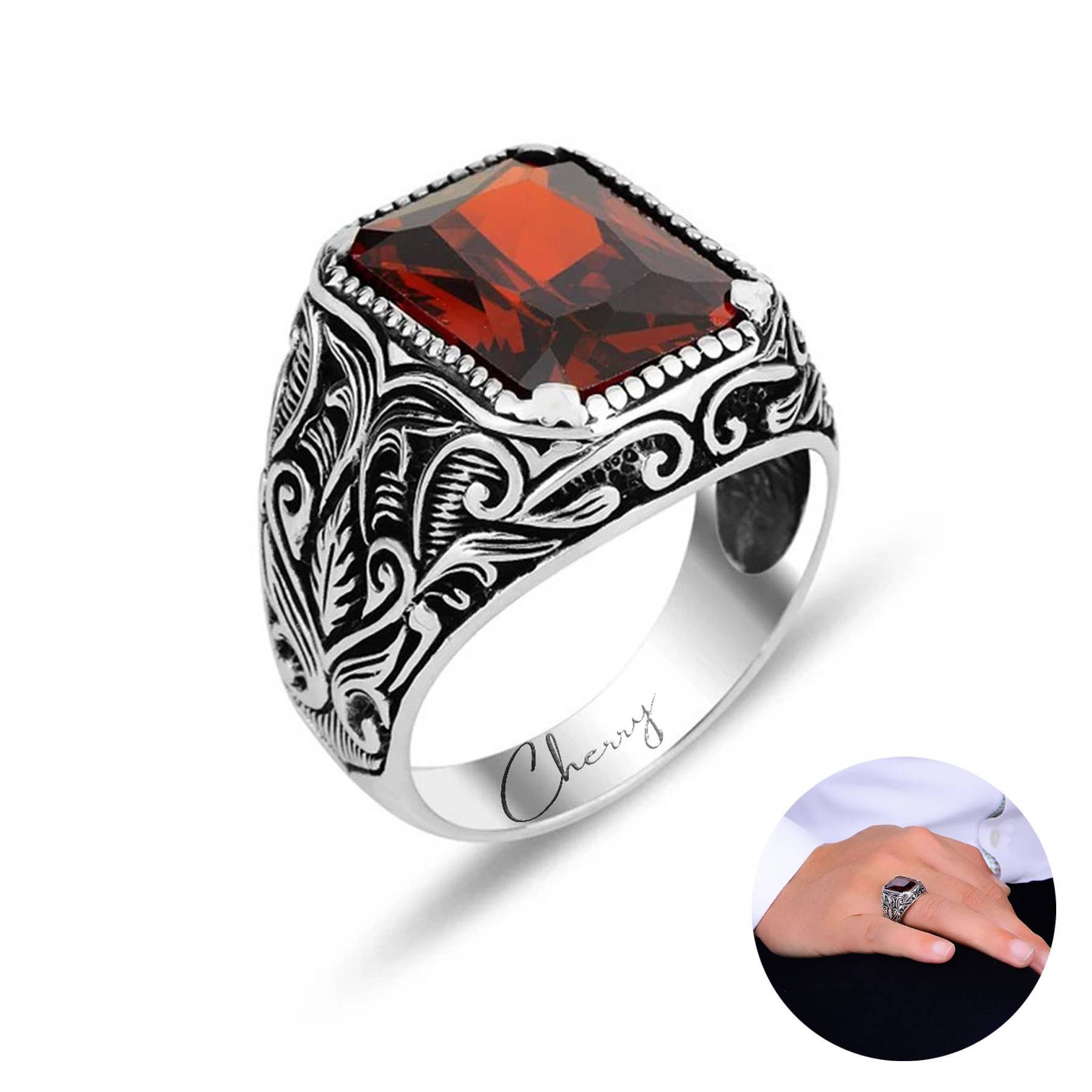 Square Red Zircon Ring 9