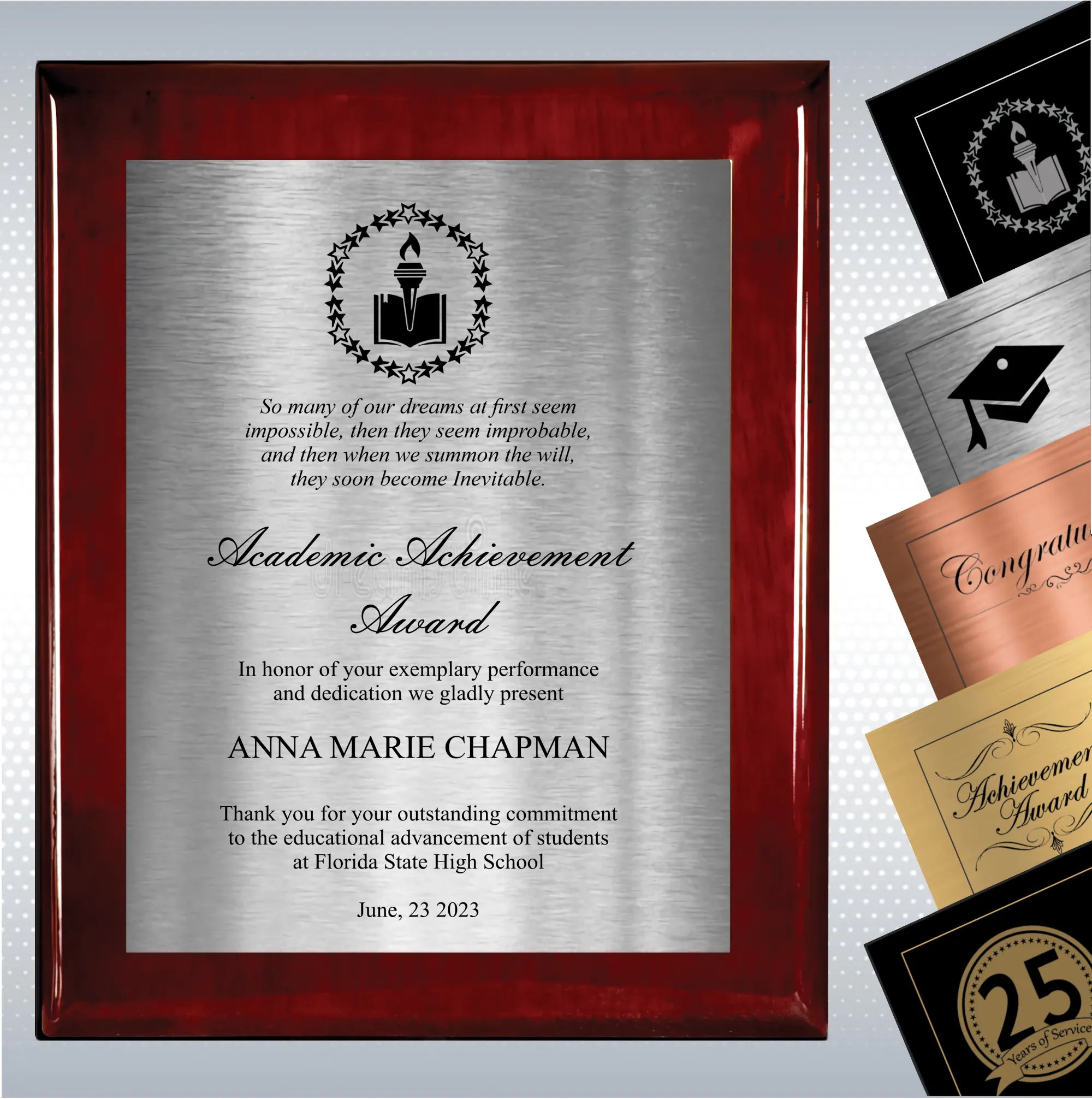 Rosewood Piano Finish Wood Plaque Academic Achievement 15