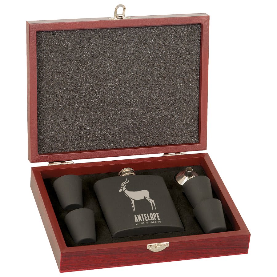 6 oz. Matte Black Stainless Steel Flask Set in Wood Presentation Box 2