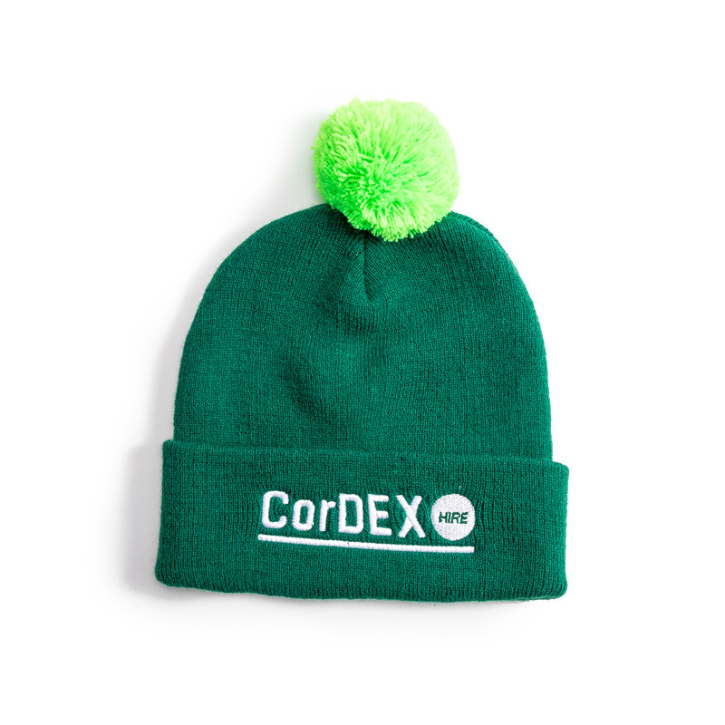 Embroidered Knit Beanie With Colorful Pome 3