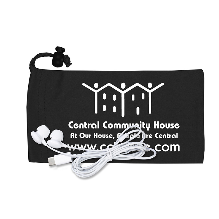 Mobile Tech Earbud Kit in Microfiber Cinch Pouch Components inserted into Microfiber Pouch 14