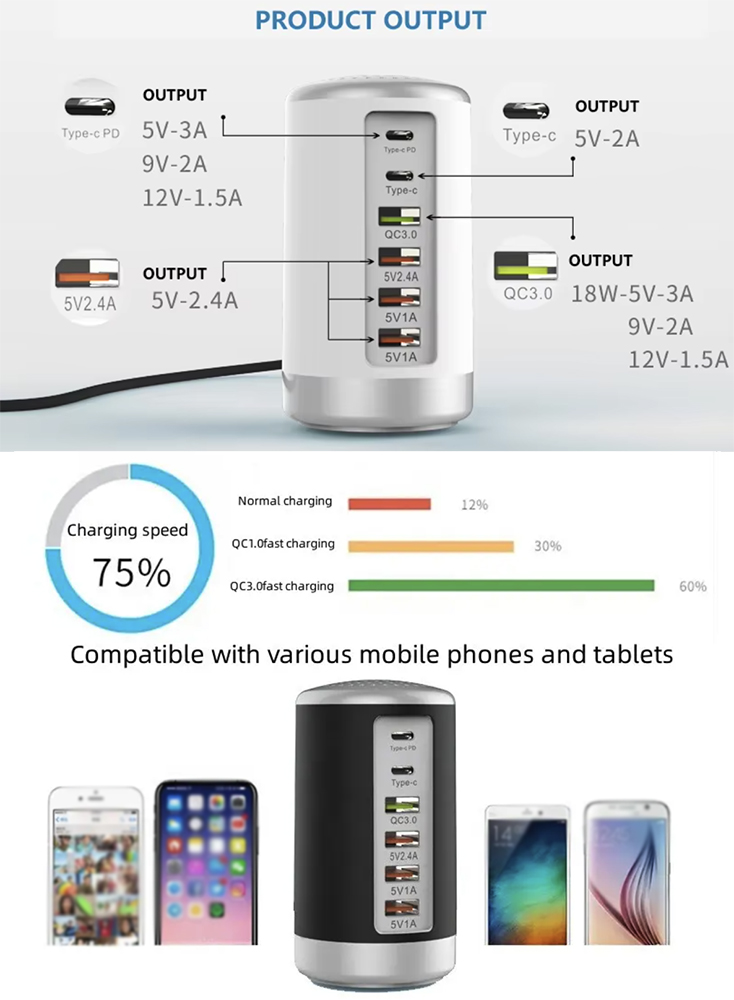 60W USB Charging Station with 6-Port 2