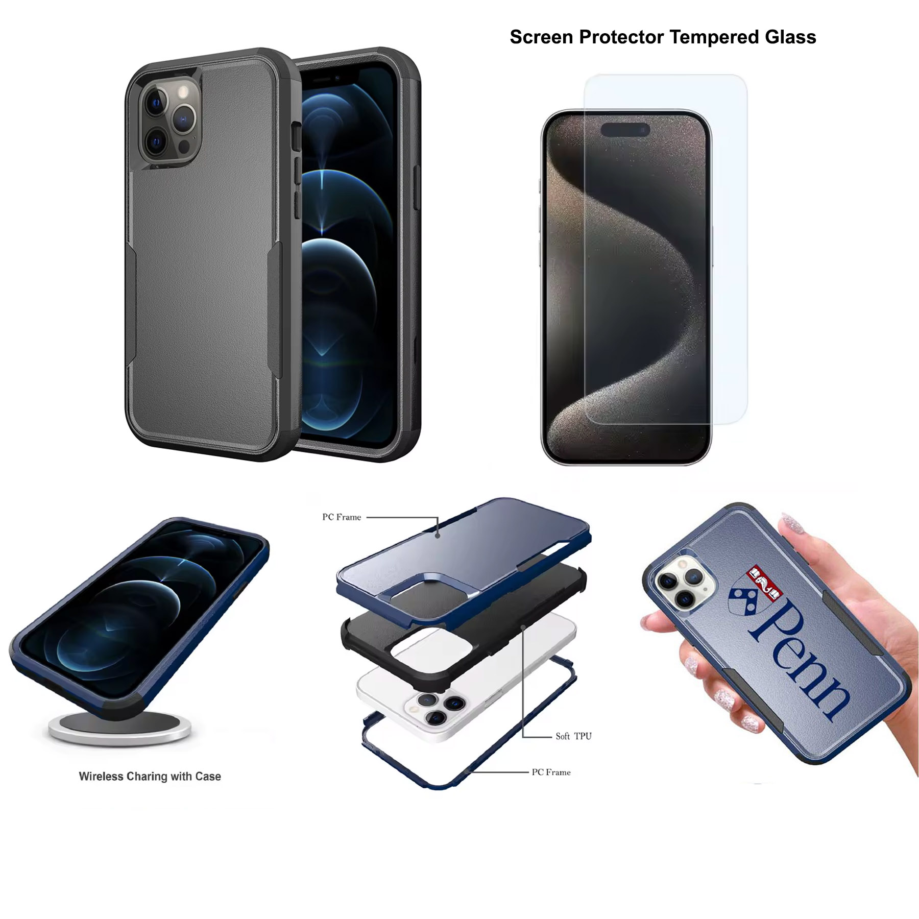 iBank ® iPhone15 Shockproof Case +Screen Protector Tempered Glass 2