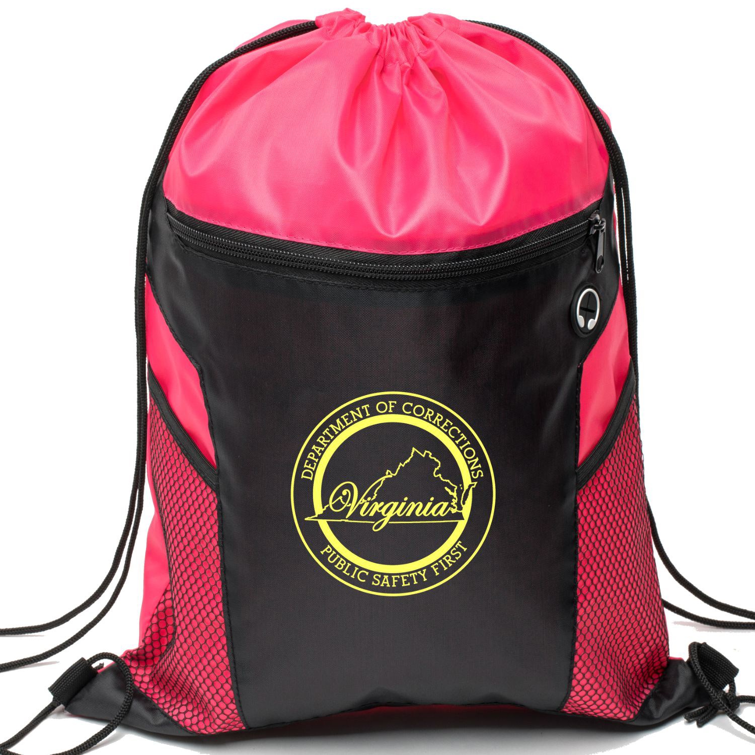 Two-Tone Front Zipper Drawstring Bag with Side Mesh Pocket and Earphone Slot (14" x 18") 6