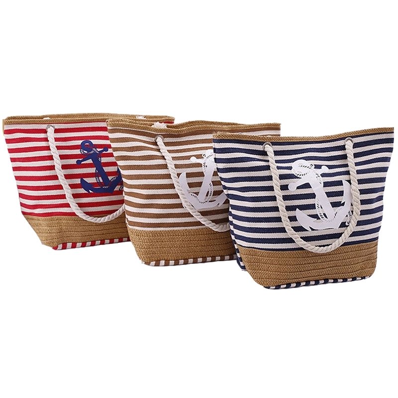 Striped Canvas Straw Woven Tote Bag 2