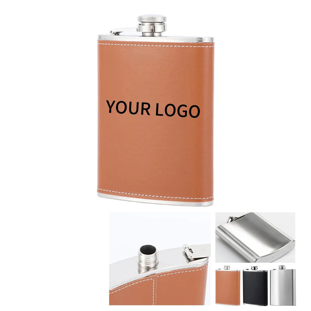 Classic 8oz Leather And Steel Pocket Flask, custom water bottle with logo imprint 3
