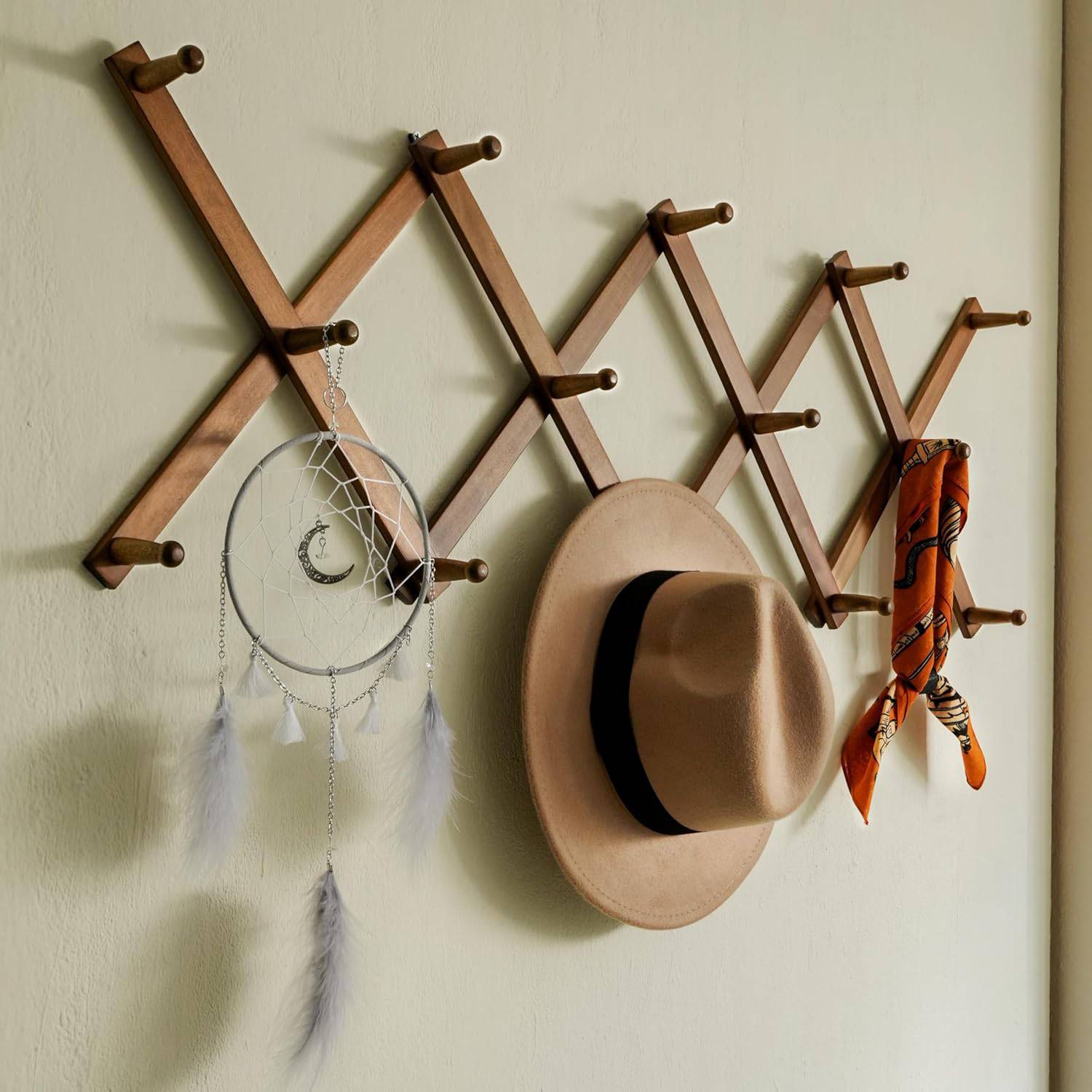 Expandable Wall Mounted Wooden Hat Rack w/ 14 Hooks 6