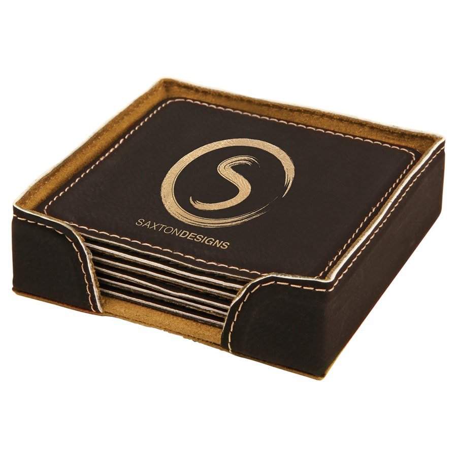 4" x 4" Black/Gold Square Leatherette 6-Coaster Set 3