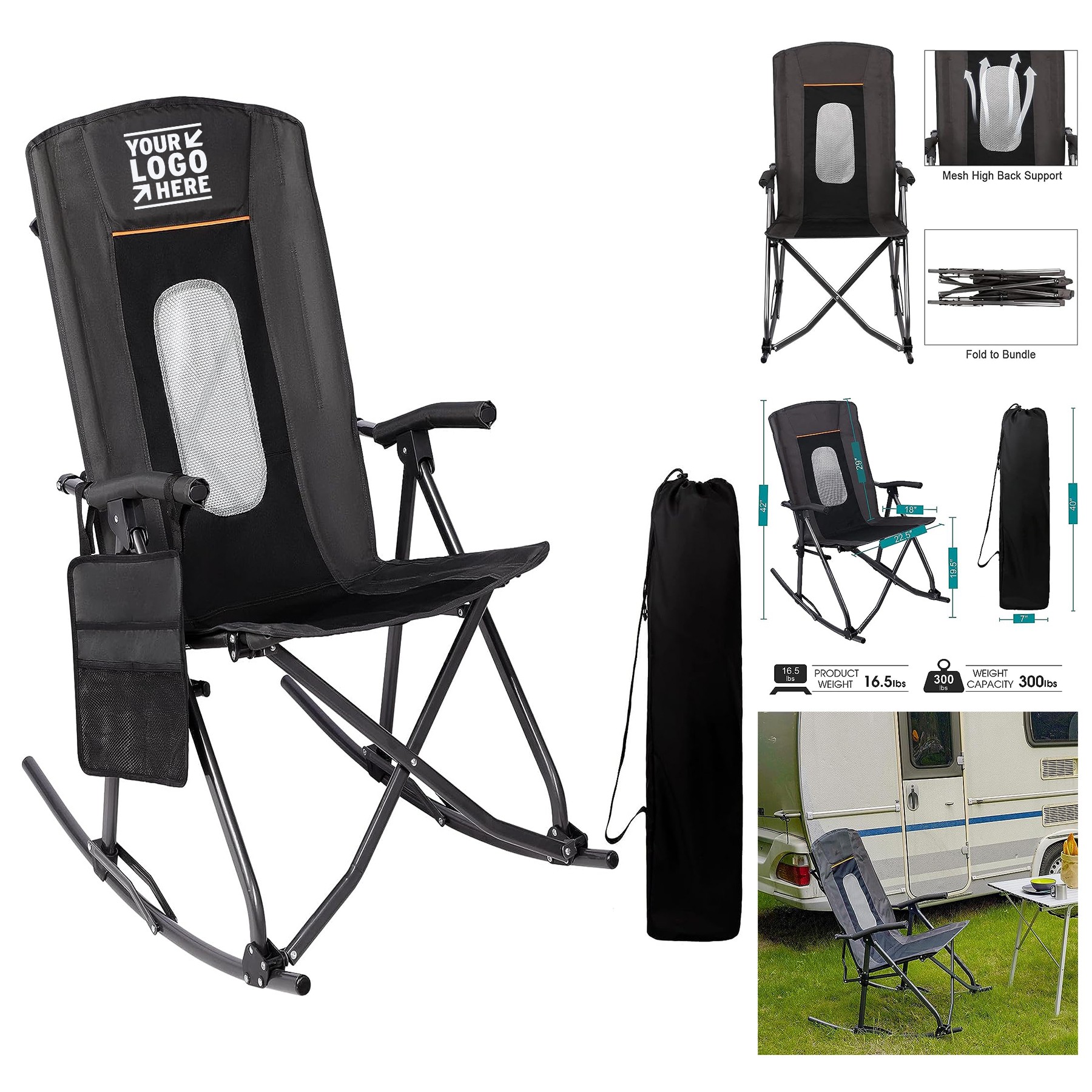 Support 300 lbs Folding Portable Rocker Outdoor Rocking Camping Chair with Cup Holder 2