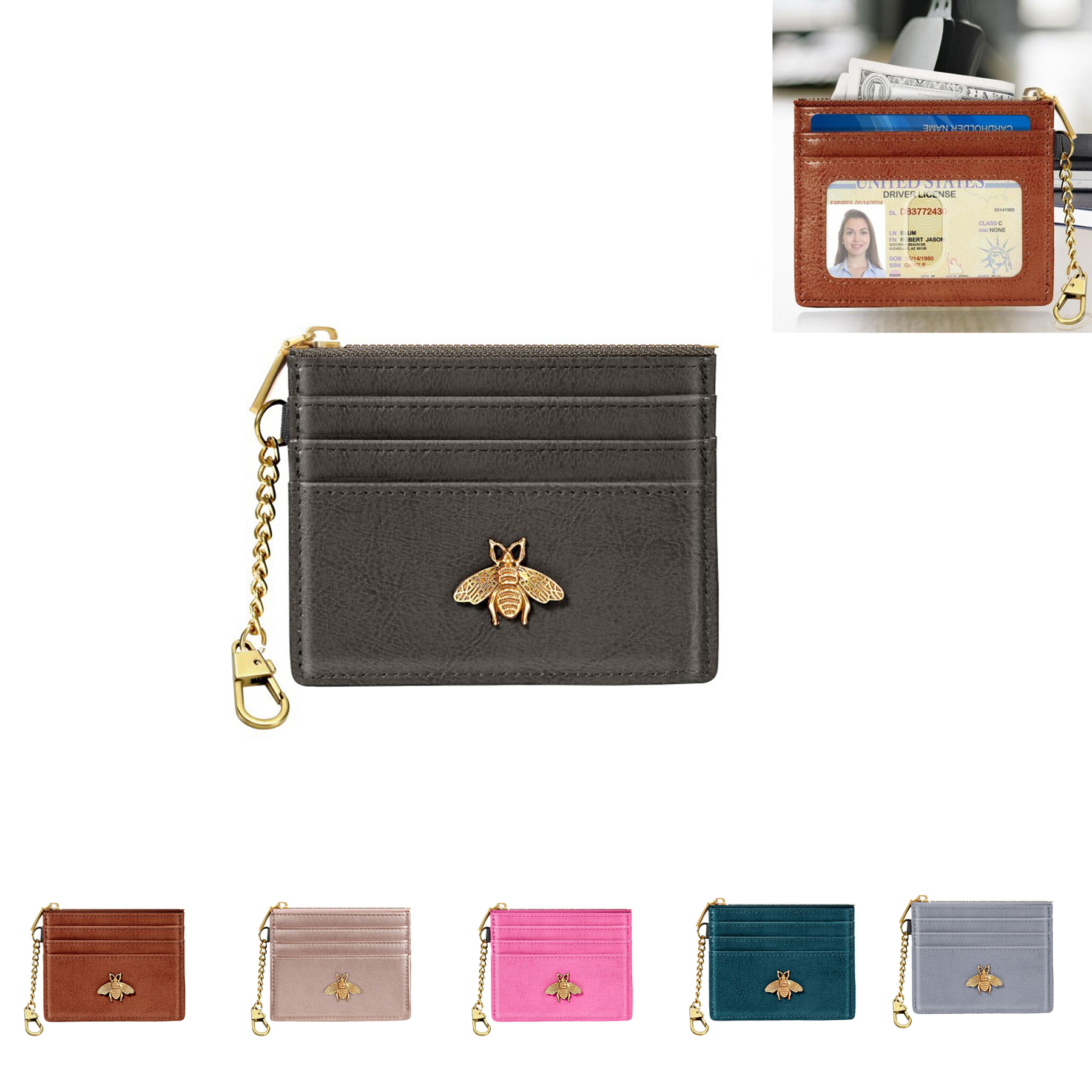RFID Leather Coin Purse with ID Window and Bee Design 5