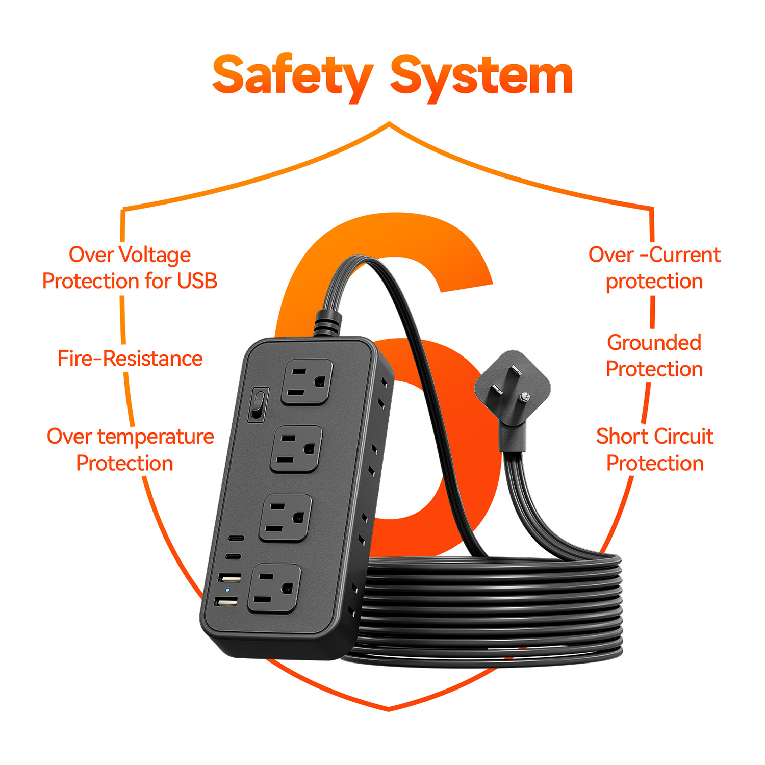 12 in 1 Surge Protector Flat Power Strip 5ft Extension Plug 5