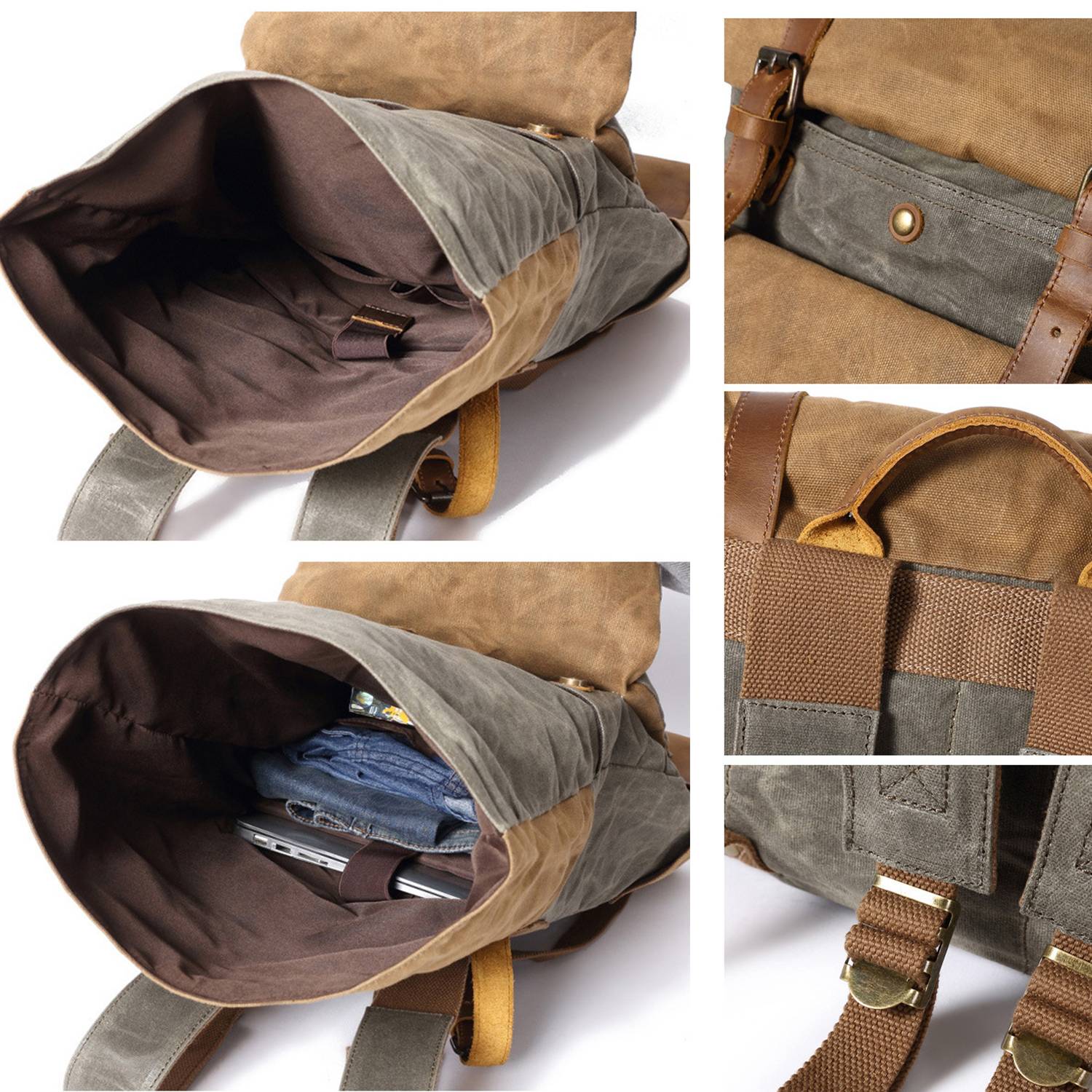 Waxed Canvas Leather Hiking Travel Waterproof Backpack 9