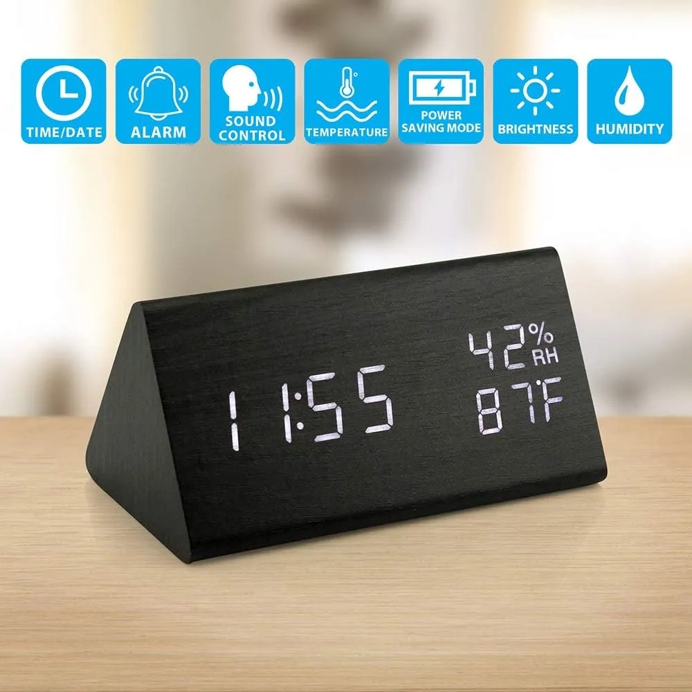 Wooden LED Alarm Clock With Voice Control And Temp Display 2