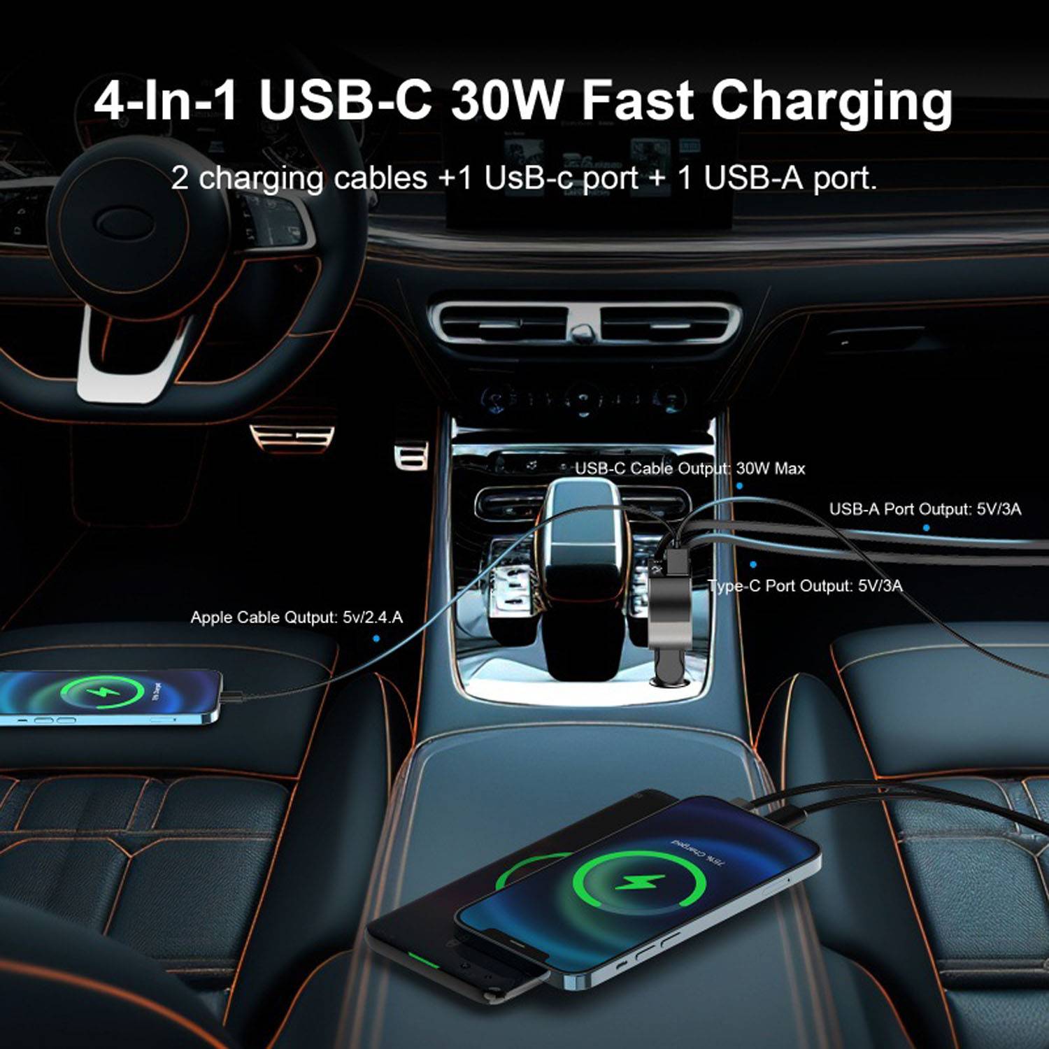 4 in 1 Compact Retractable Fast Car Charger 5