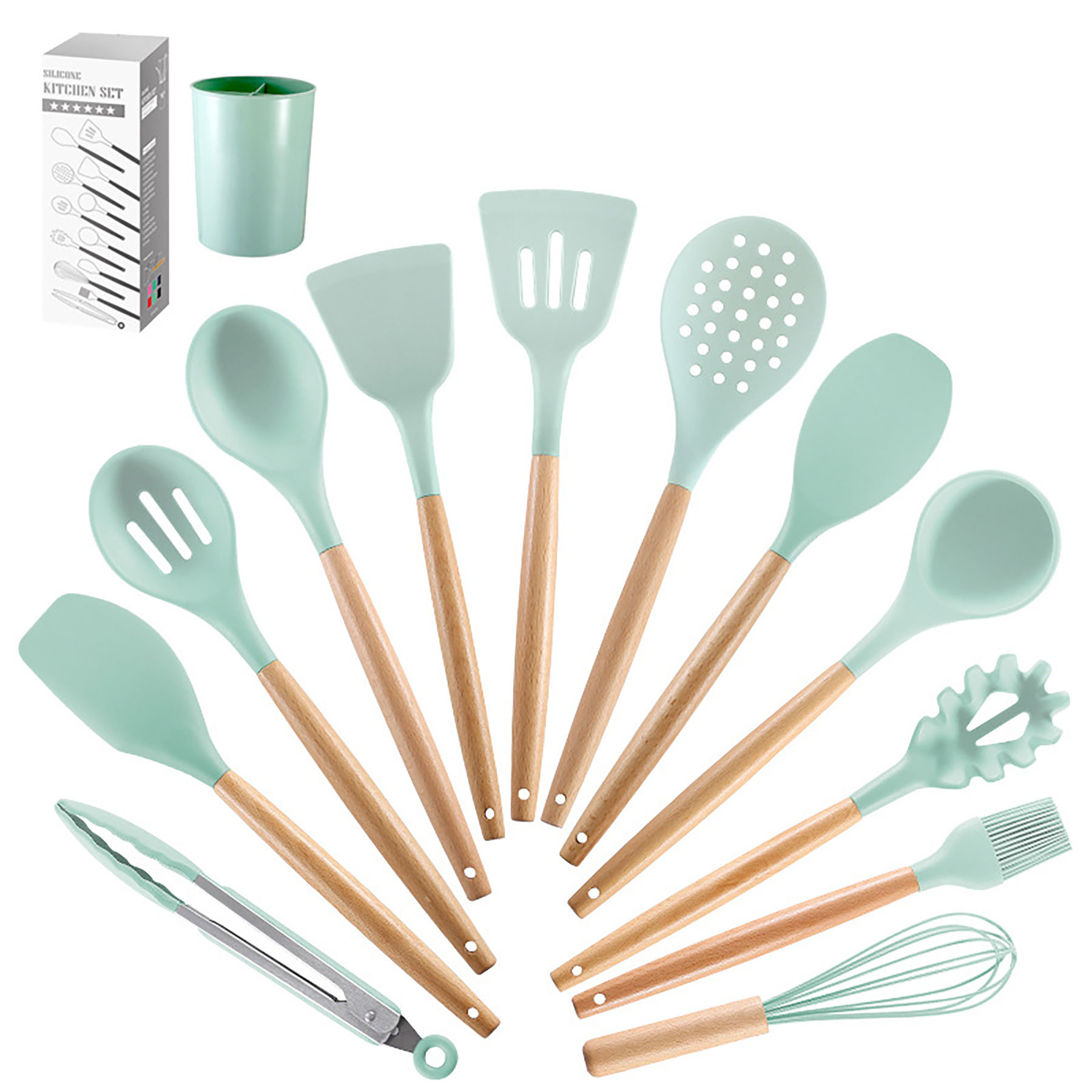 12 Pcs Non-stick Silicone Cooking Kitchen Utensils Spatula Set w/ Holder Wooden Handles 17