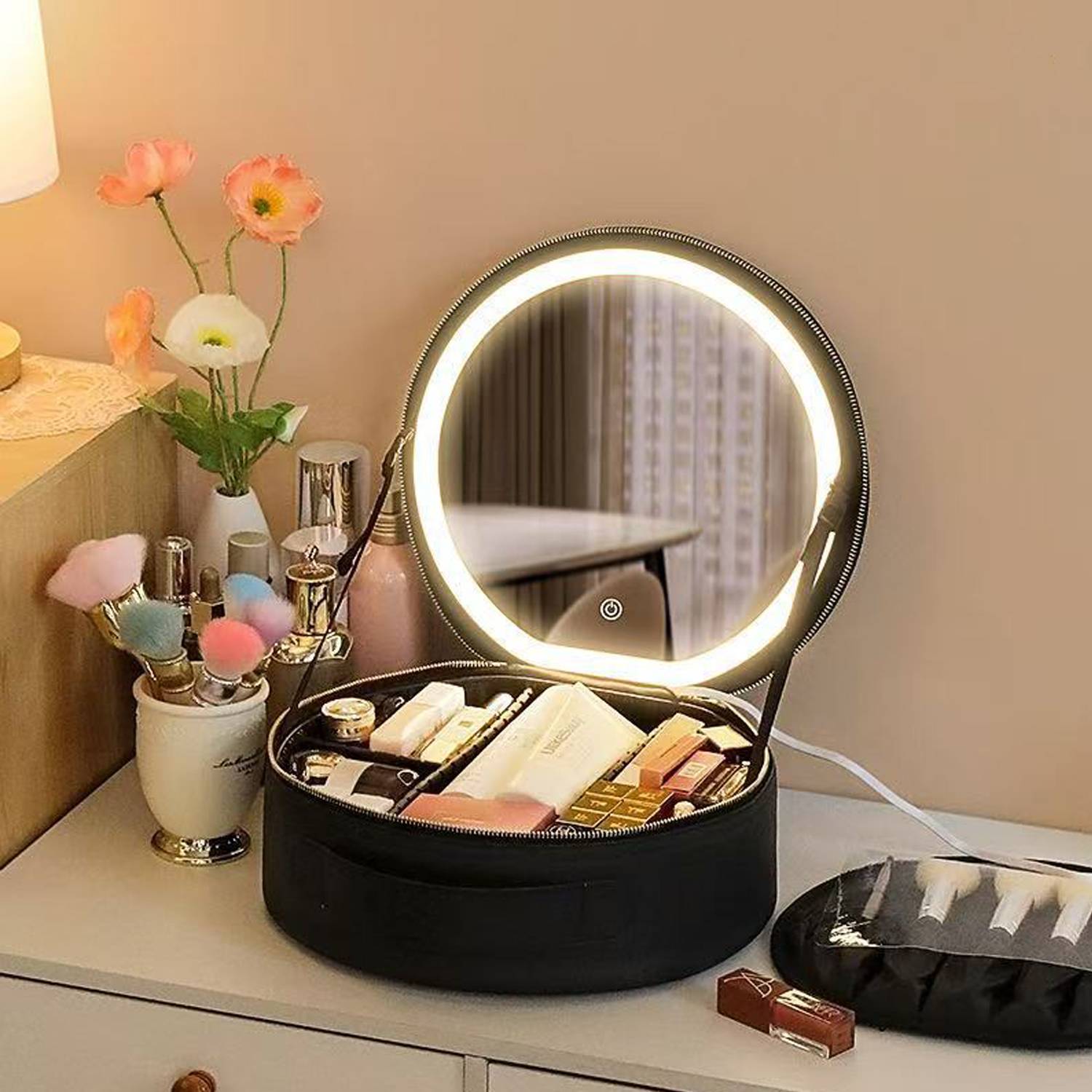 Large Round Travel Makeup Bag Cosmetic Case w/ LED Mirror 6