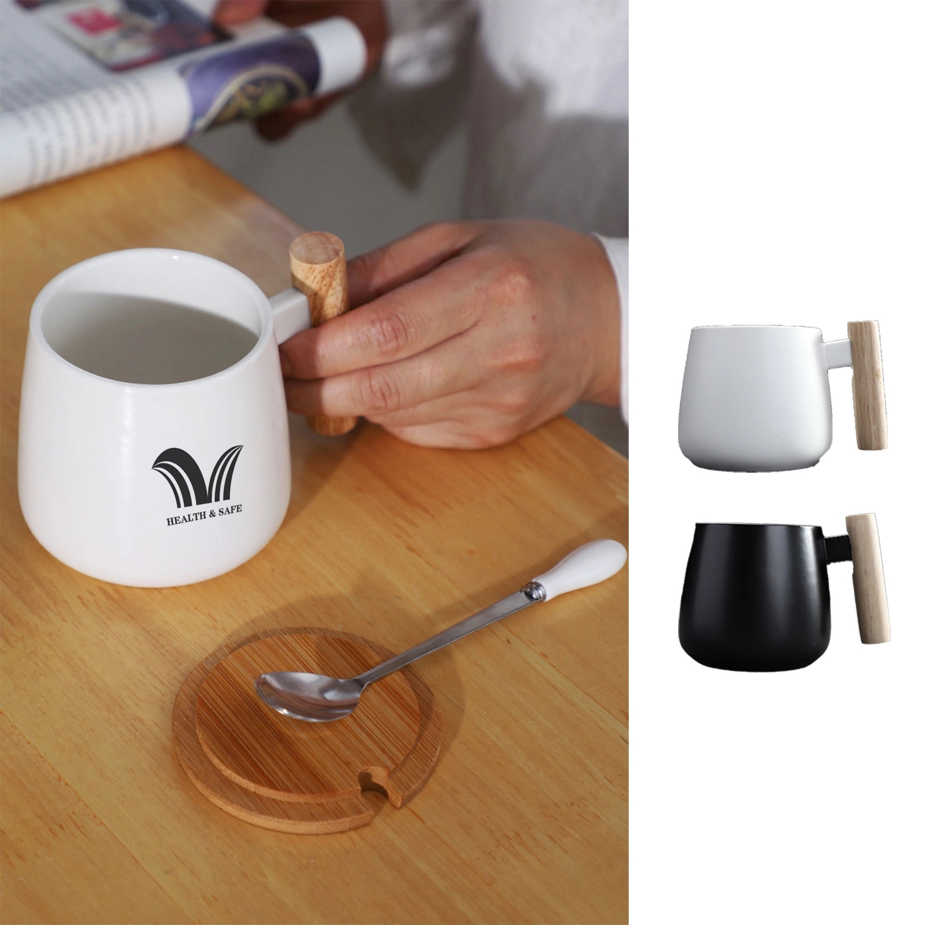 Ceramic Tea Cup with bamboo Lid Mugs Wooden Handle 13oz 1
