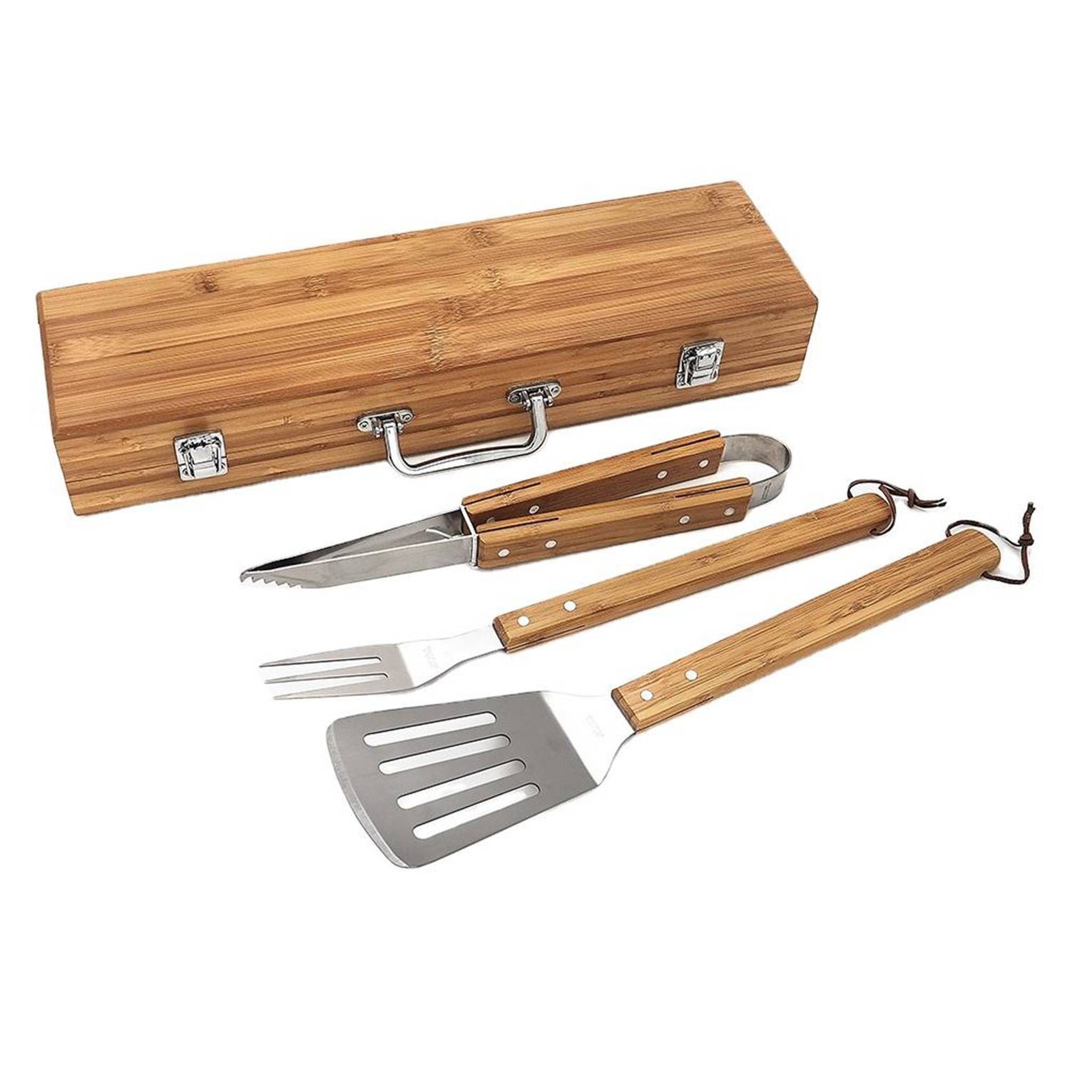 3PCS Wooden Handle Stainless Steel BBQ Set w/ Case 4