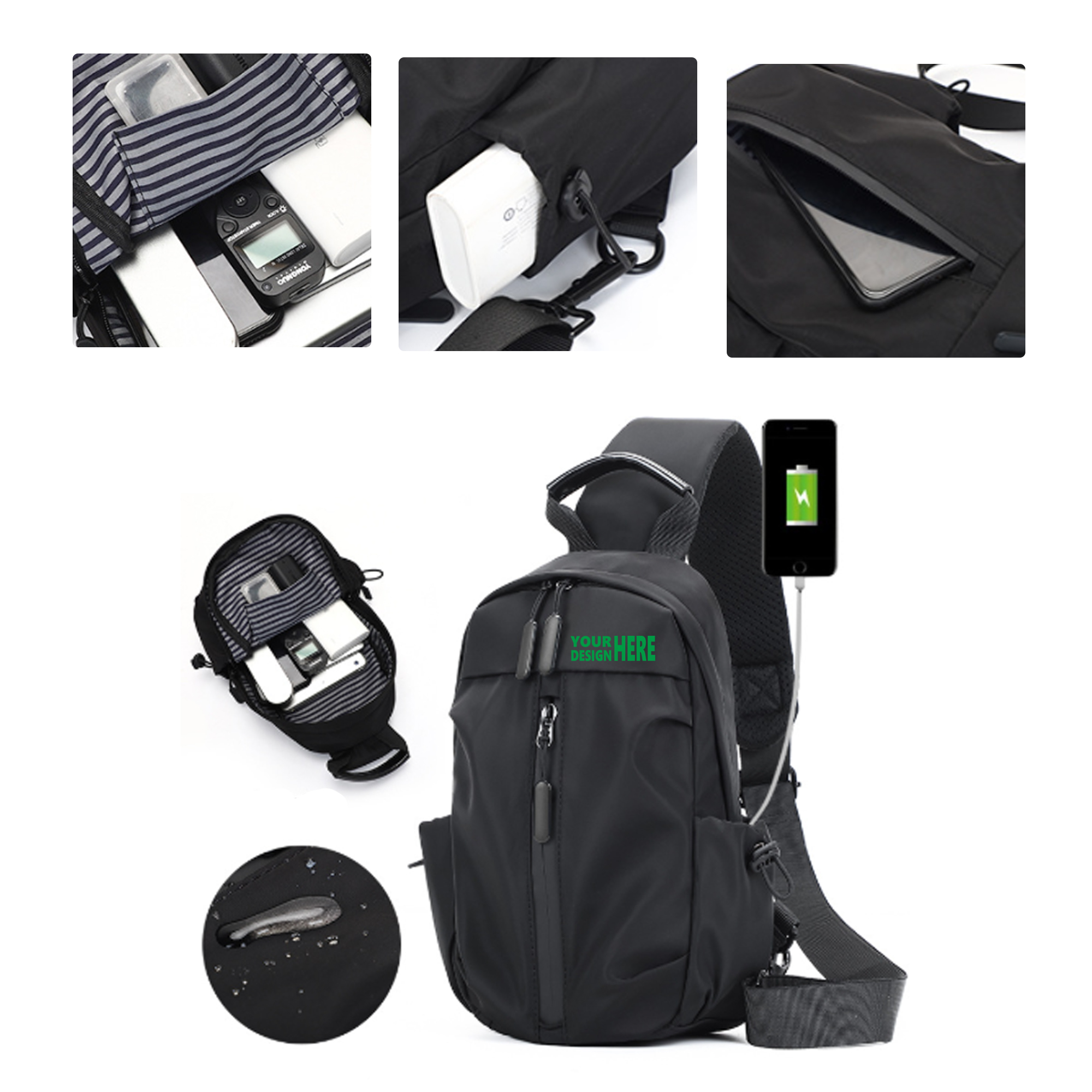 MOQ 50 Waterproof Nylon USB Business Crossbody Bag Outdoor Shoulder Bag 2
