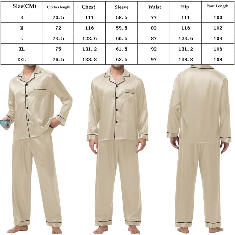 Pajamas Set Mens Silk Satin Pajamas Long Sleeve Loungewear Two-Piece Sleepwear 3