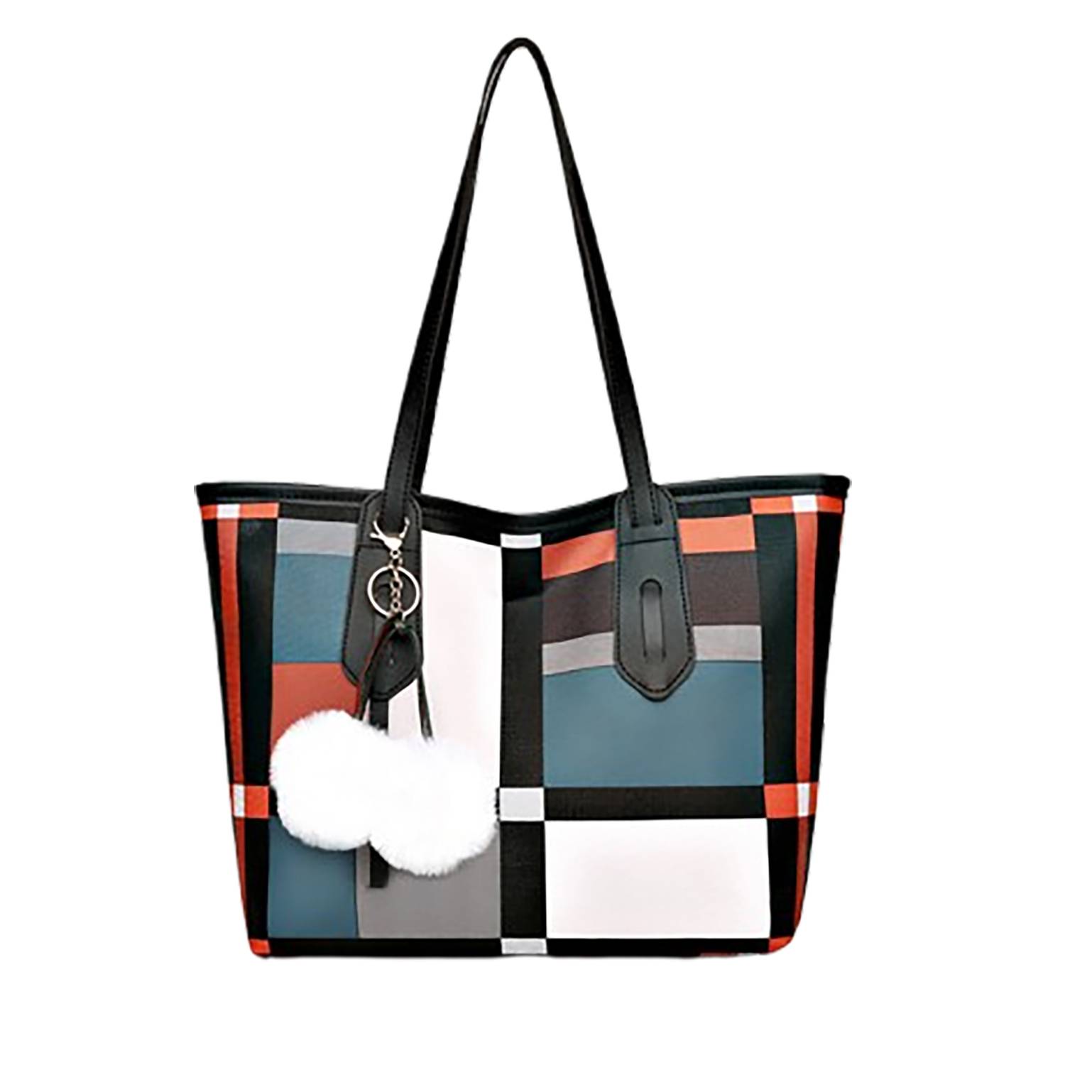 PU Leather Large-Capacity Tote Bag w/ Plush Pendant 4