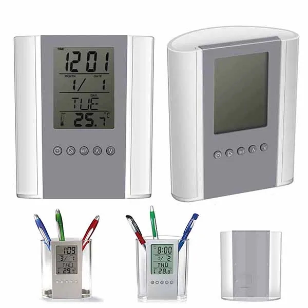 Clock Digital Alarm Temperature Display Pen Holder 3