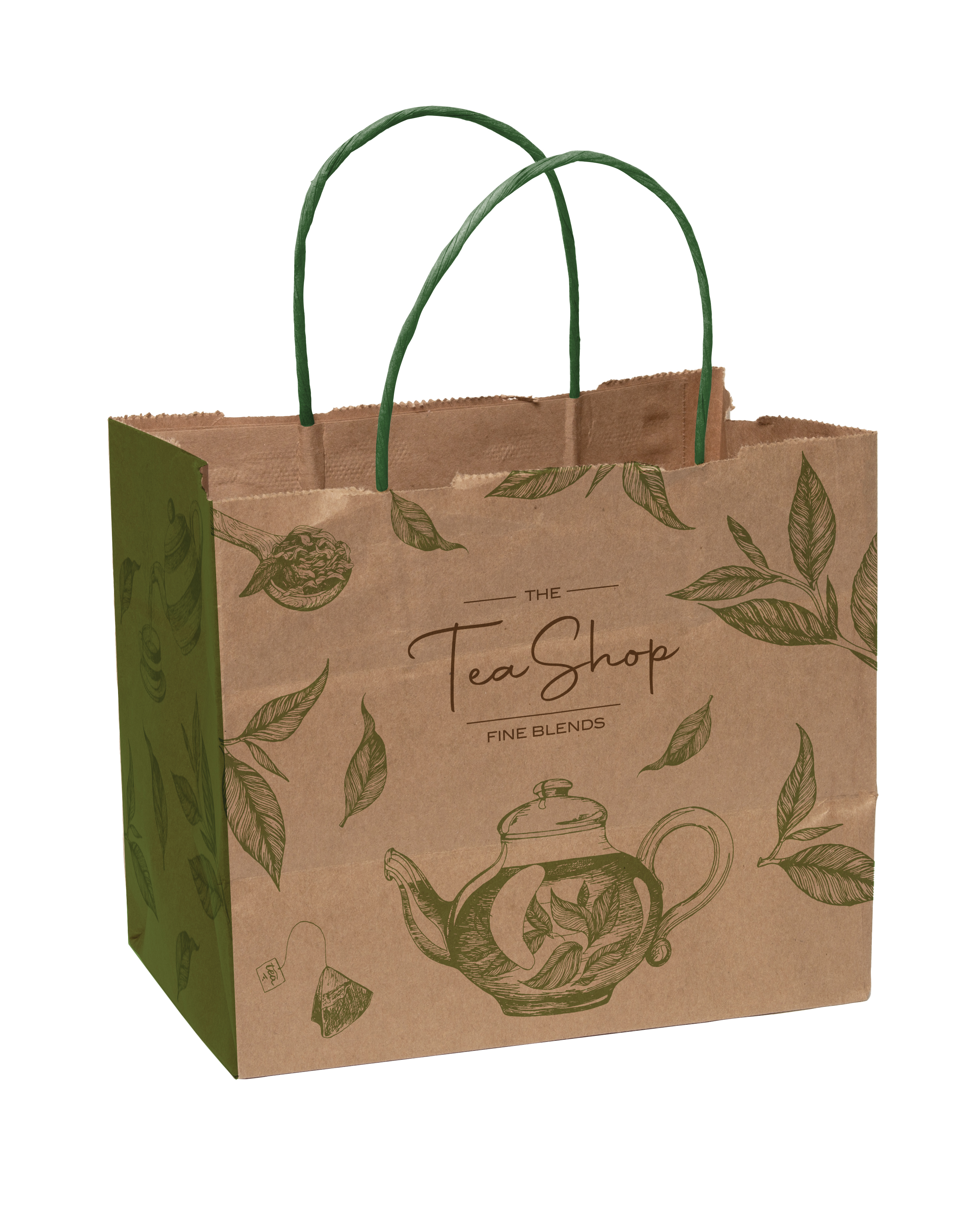 Multi-Sided Full Color Natural Shopper Paper Bag - Green Handle (8.5"x 7.25"x 5")