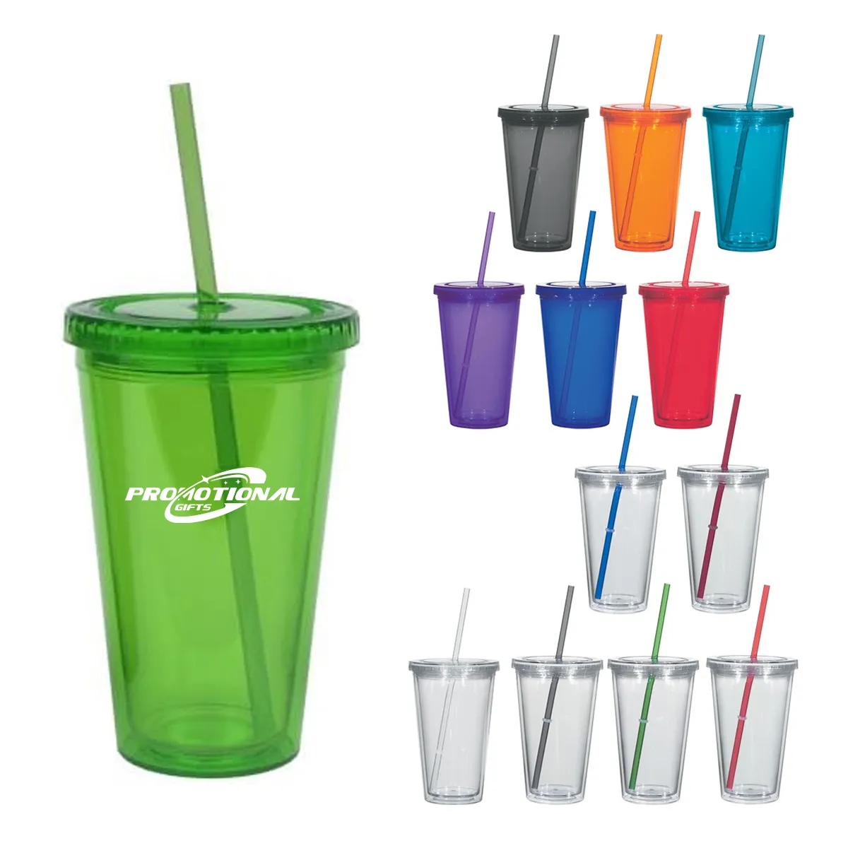 16oz. Double Wall Plastic Tumblers with Straw and Lid 2