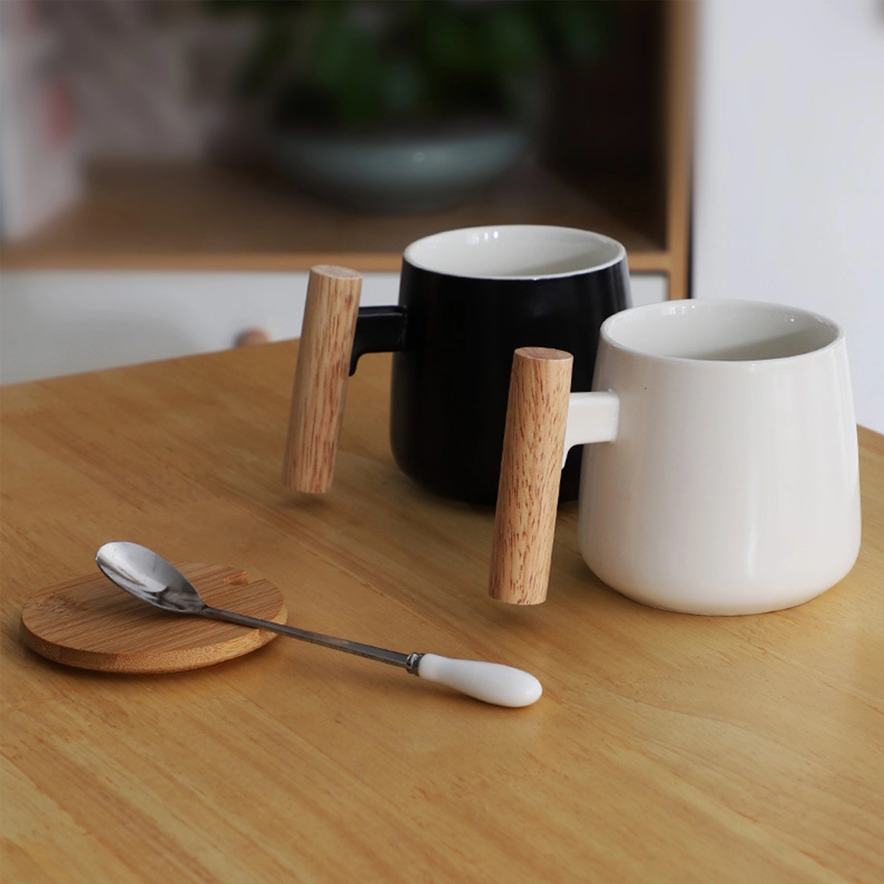 Ceramic Tea Cup with bamboo Lid Mugs Wooden Handle 13oz 3