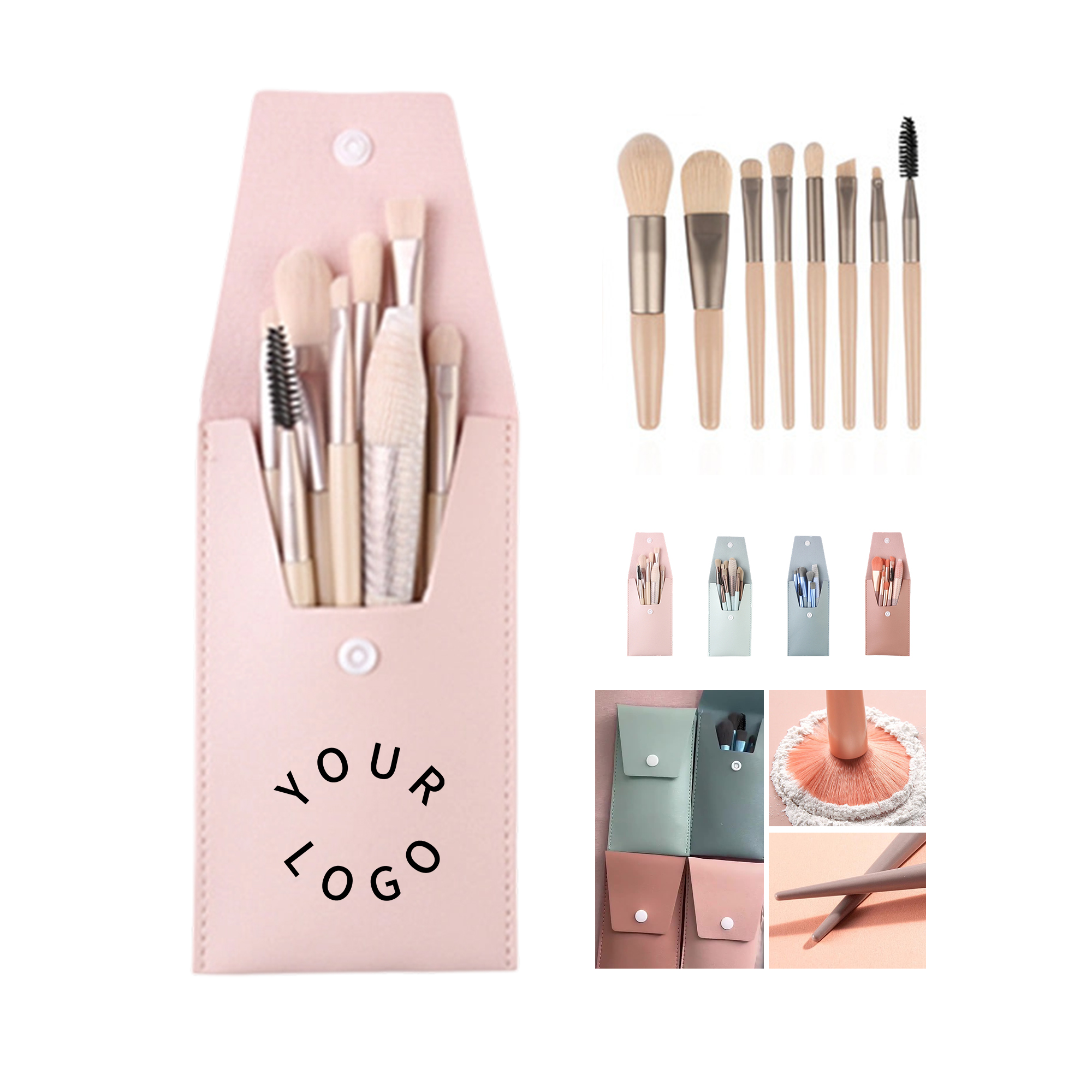 Eight Piece Makeup Brush Set With Zipper Cosmetic Bag 5.12" x 3.15" 2