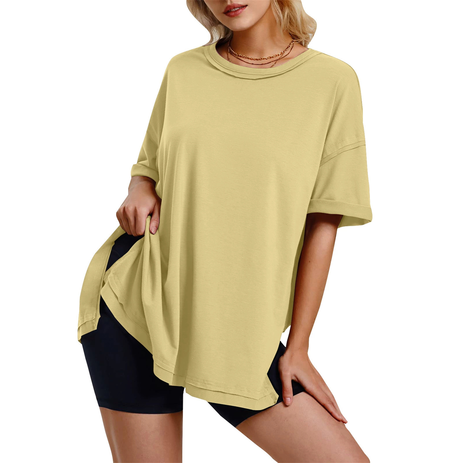 Solid color cotton round neck side slit loose T Shirt 6