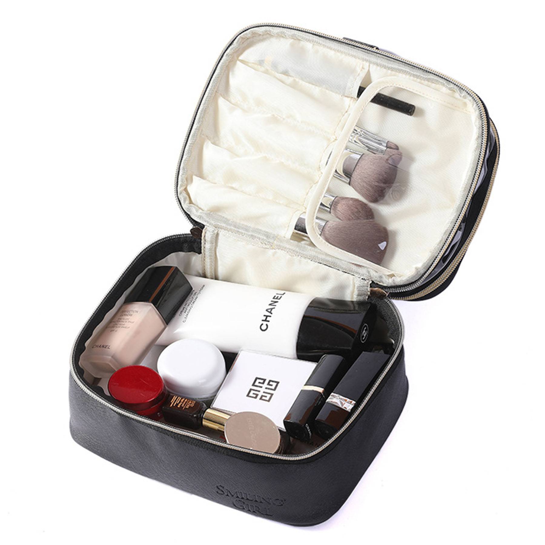PU Leather Black Double Layer Cosmetic Bag 4