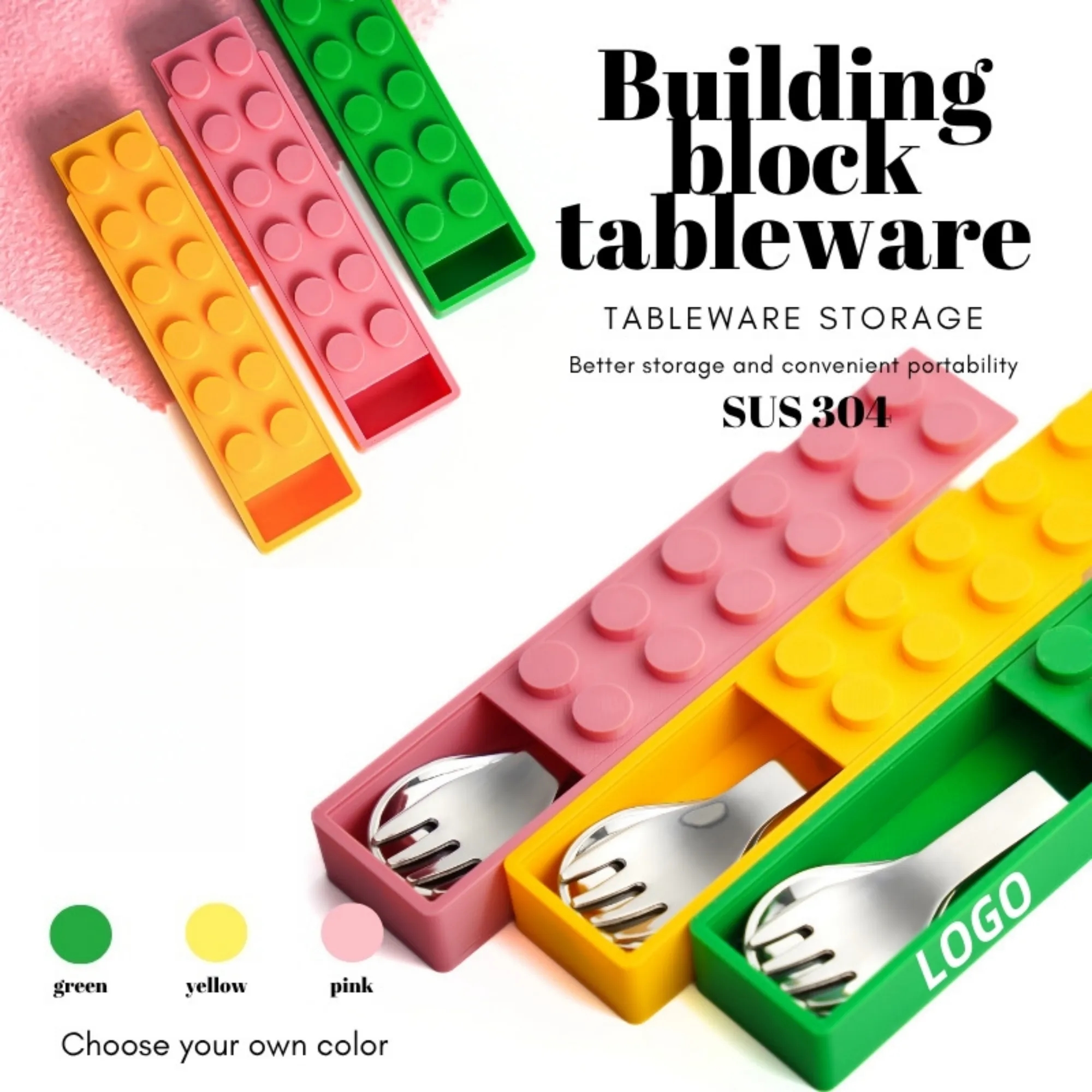 304 Stainless Steel Building Block Kids Spoon Fork Set 3