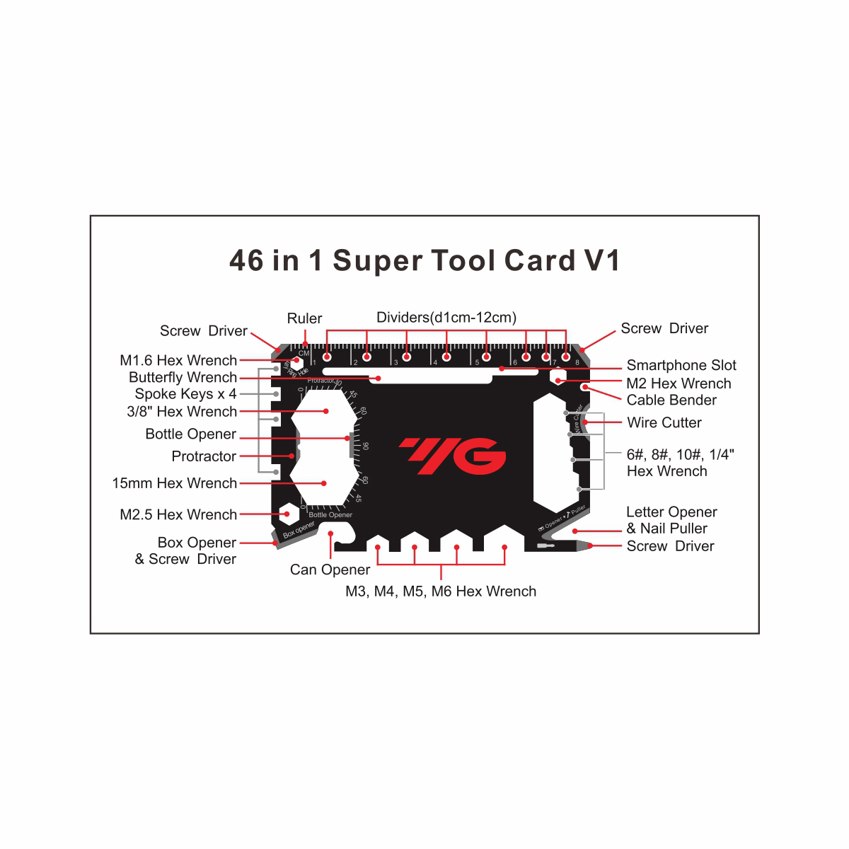 GearCard 46-in-1 Super Tool Card – Stainless Steel Multi-Tool with Hex Wrenches & Openers 1