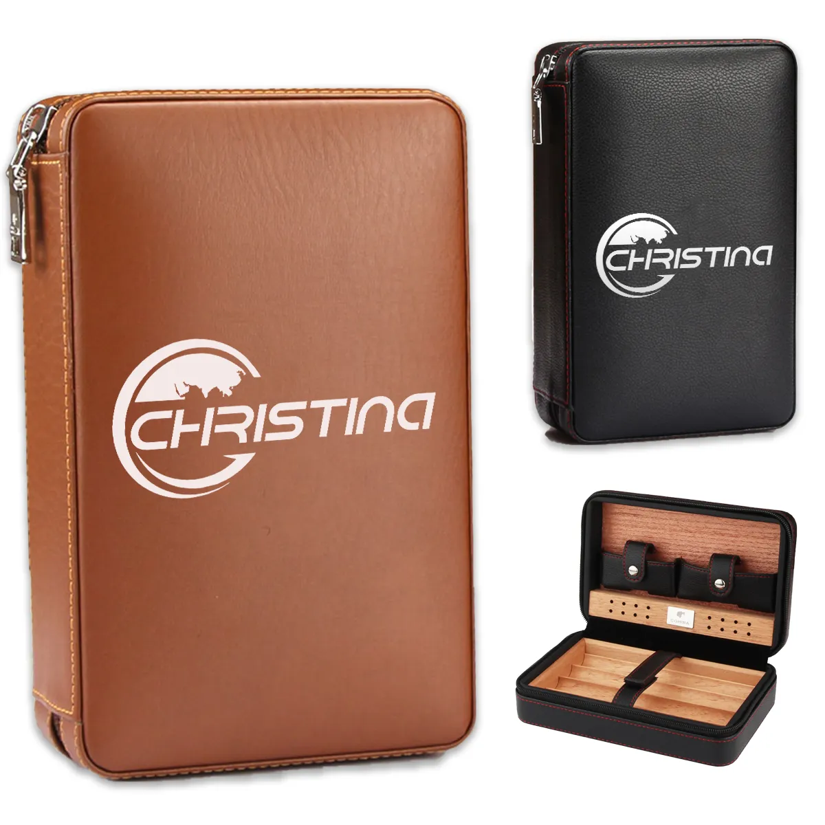 Portable Cigar Box Humidor Travel Leather Case Set 2