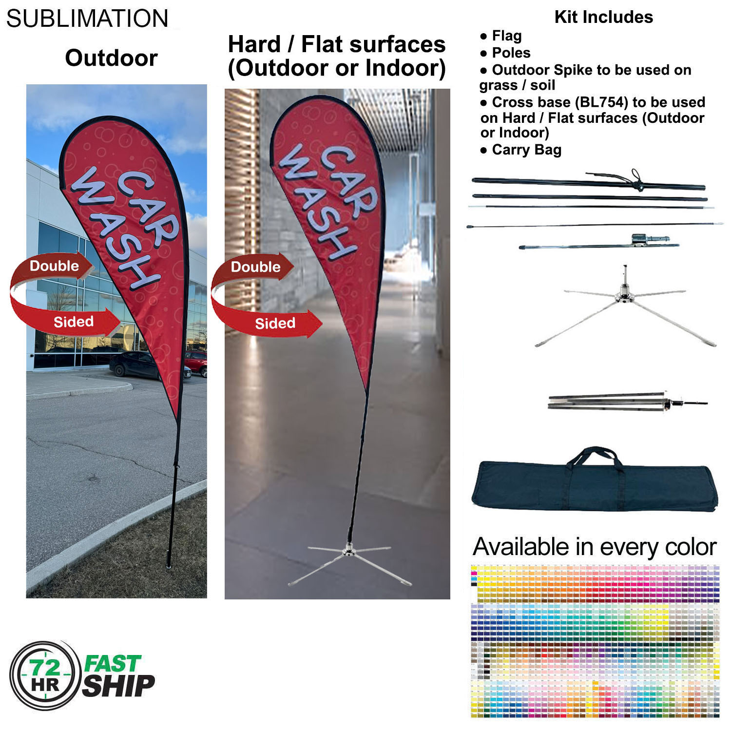 72Hr Fast Ship -12' Medium Tear Drop Flag Kit, Full Color Graphic Double Side, Outdoor & Indoor base 4