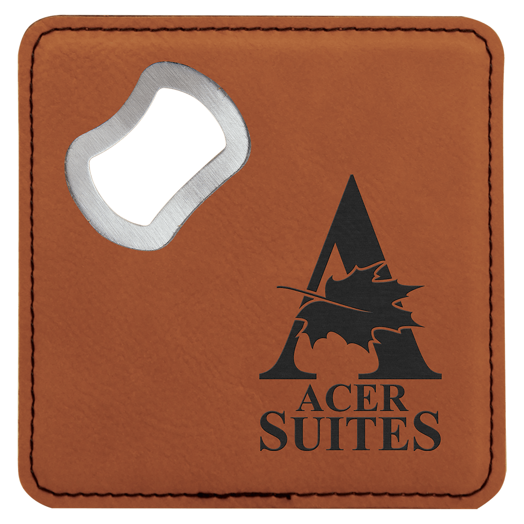 4" x 4" Square Rawhide Leatherette Coaster w/ Bottle Opener