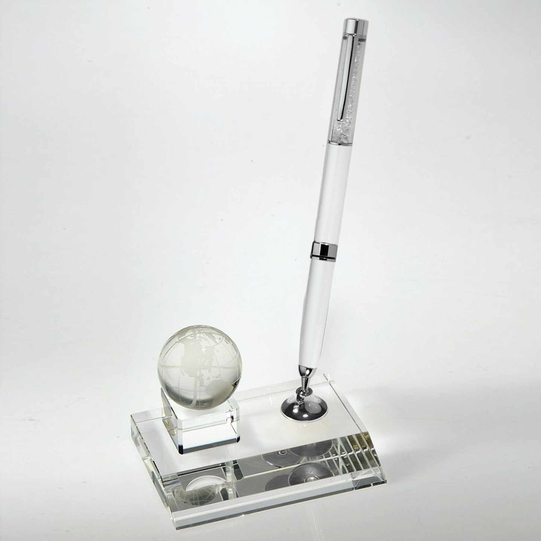 Desktop Award-Crystal Globe Pen Set w/White Ballpoint Pen 2